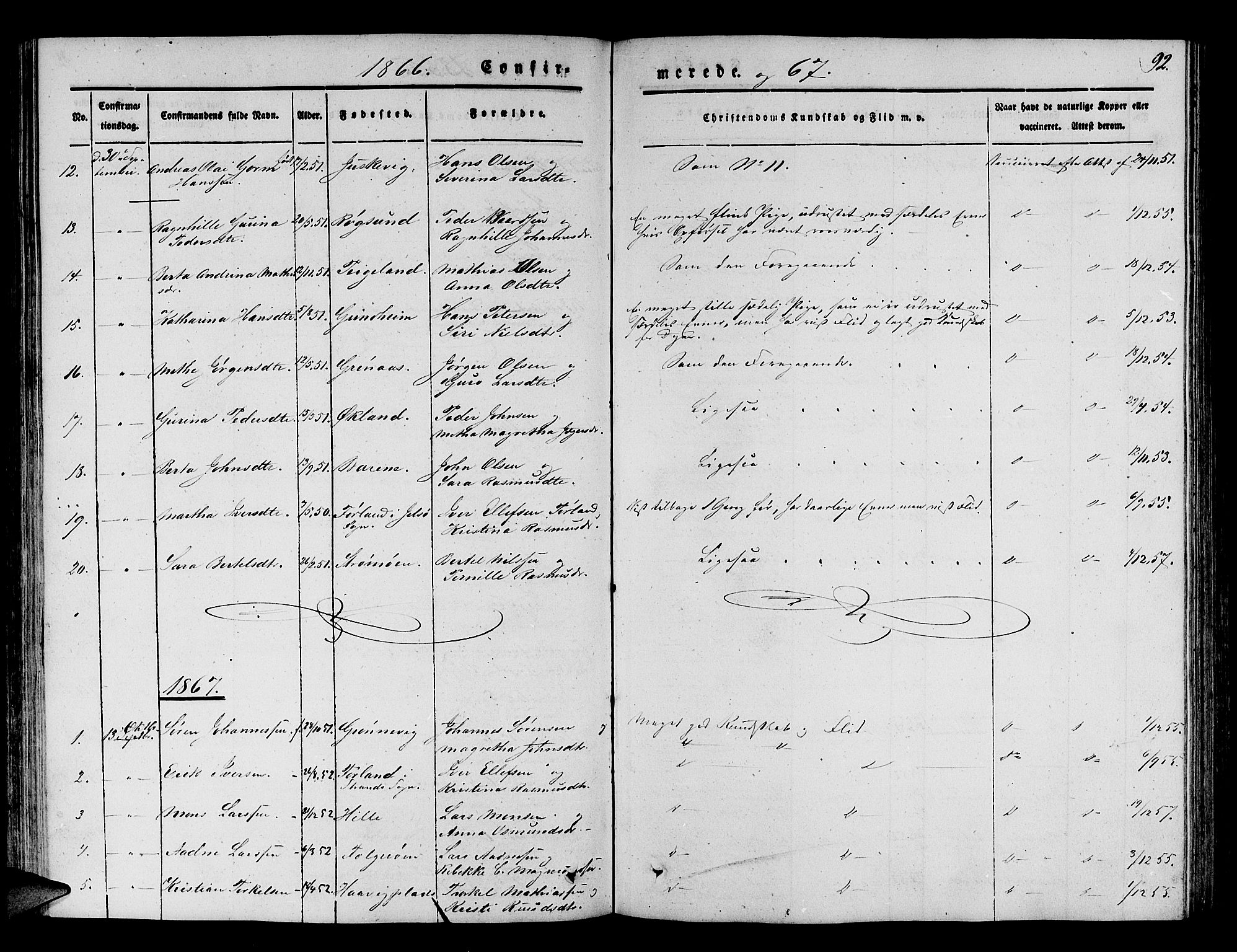 Finnås sokneprestembete, AV/SAB-A-99925/H/Ha/Hab/Haba/L0001: Klokkerbok nr. A 1, 1851-1873, s. 92