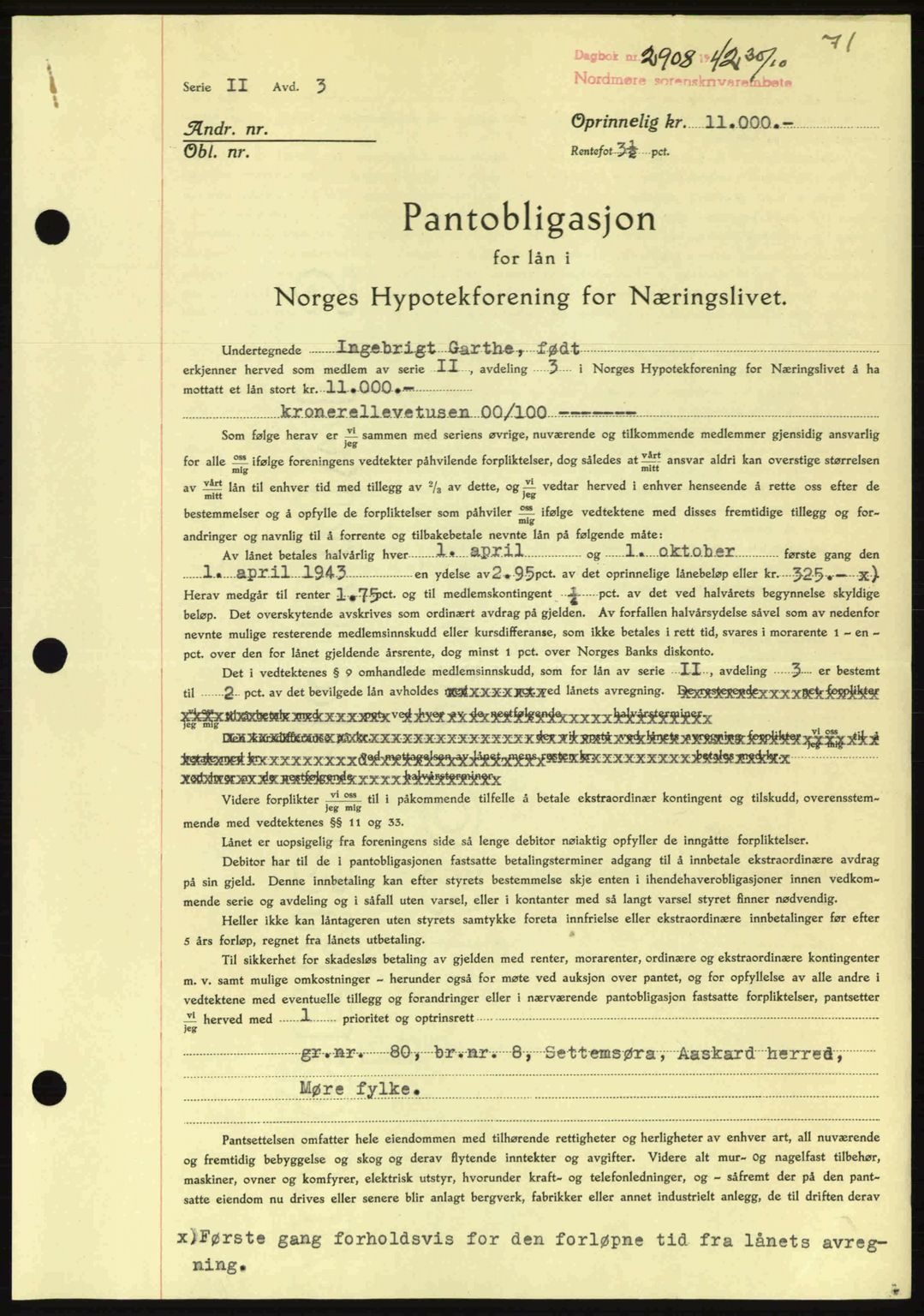 Nordmøre sorenskriveri, SAT/A-4132/1/2/2Ca: Pantebok nr. B90, 1942-1943, Dagboknr: 2908/1942