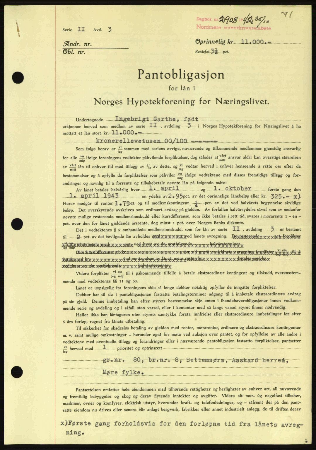 Nordmøre sorenskriveri, AV/SAT-A-4132/1/2/2Ca: Pantebok nr. B90, 1942-1943, Dagboknr: 2908/1942