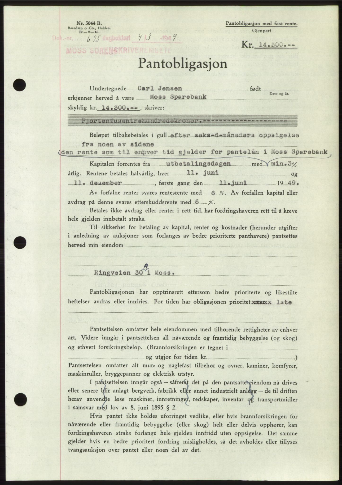 Moss sorenskriveri, SAO/A-10168: Pantebok nr. B21, 1949-1949, Dagboknr: 695/1949