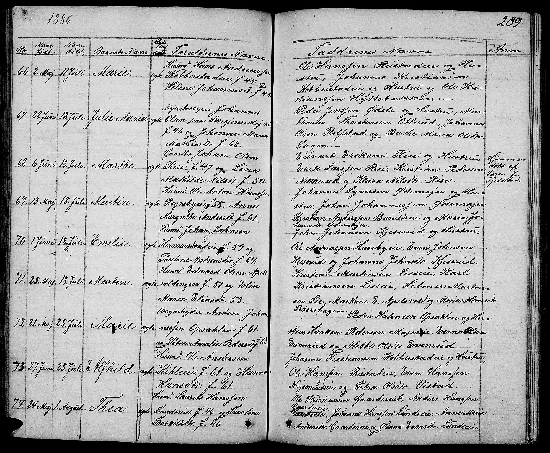 Østre Toten prestekontor, AV/SAH-PREST-104/H/Ha/Hab/L0004: Klokkerbok nr. 4, 1858-1886, s. 289