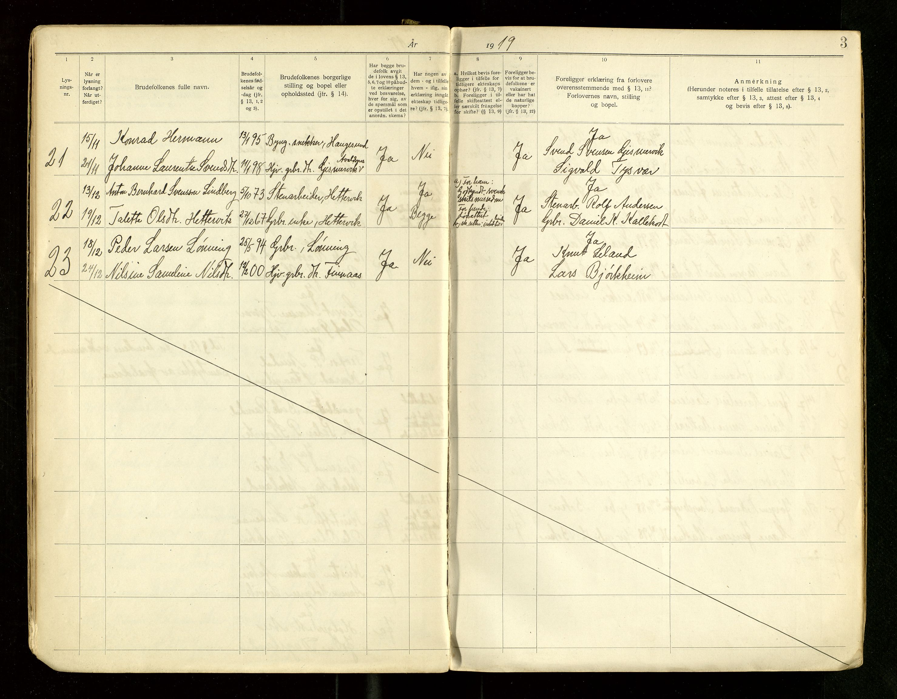 Tysvær sokneprestkontor, AV/SAST-A -101864/I/Ie/L0002: Lysningsprotokoll nr. 2, 1919-1968, s. 3