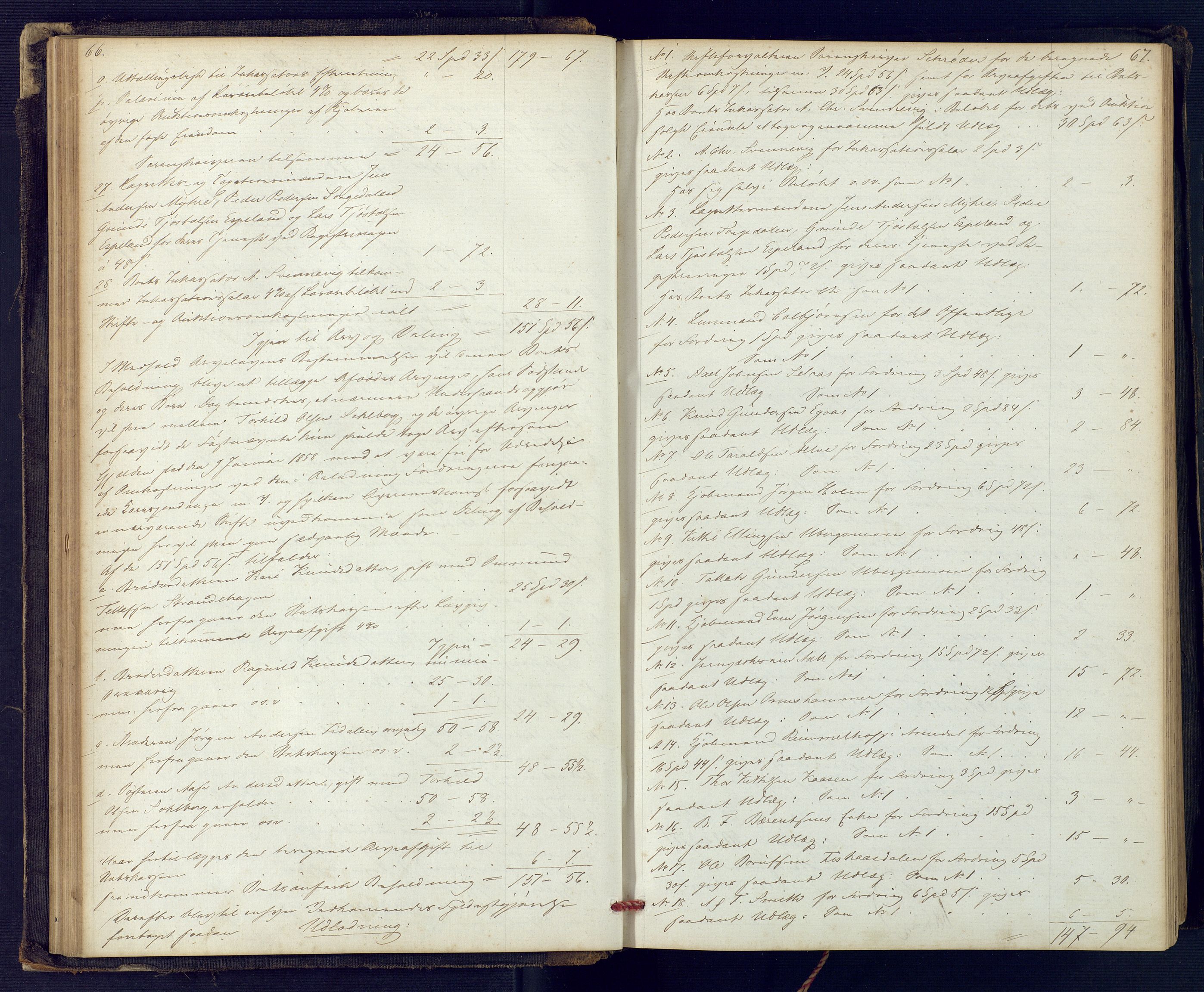 Holt sorenskriveri, SAK/1221-0002/H/Hc/L0029: Skifteutlodningsprotokoll nr. 4 med løst register, 1857-1862, s. 66-67