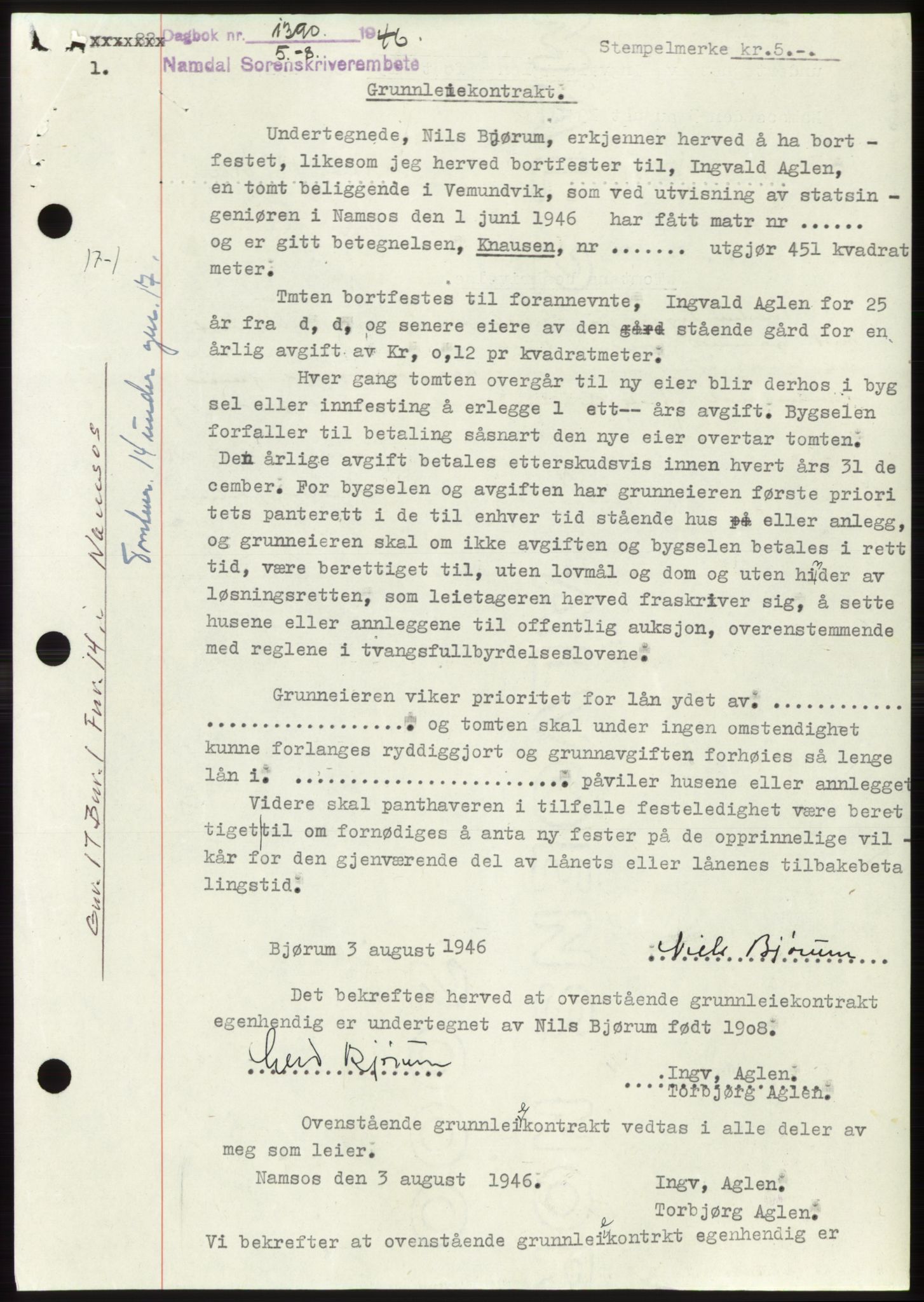 Namdal sorenskriveri, SAT/A-4133/1/2/2C: Pantebok nr. -, 1946-1946, Dagboknr: 1390/1946
