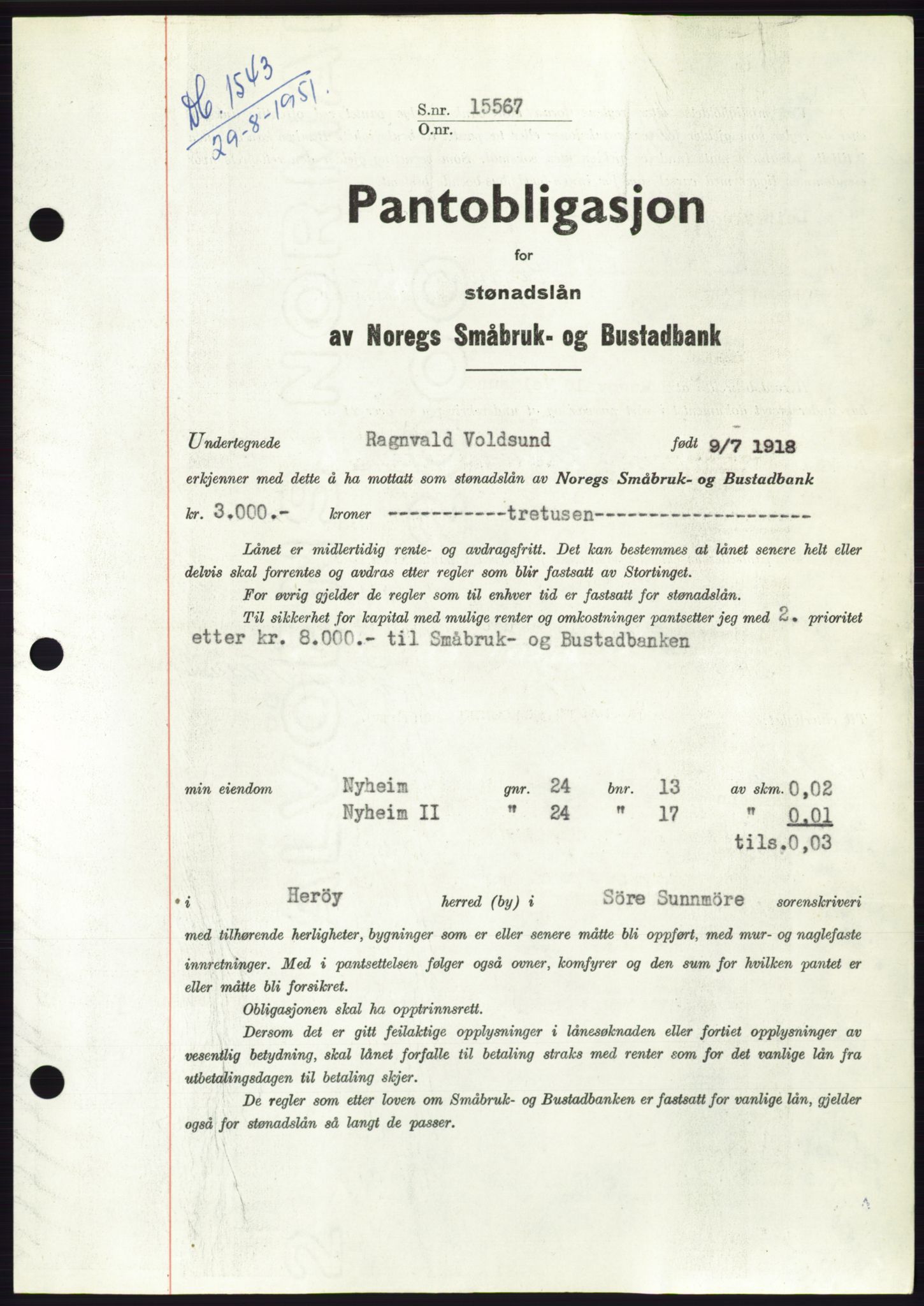Søre Sunnmøre sorenskriveri, SAT/A-4122/1/2/2C/L0120: Pantebok nr. 8B, 1951-1951, Dagboknr: 1543/1951