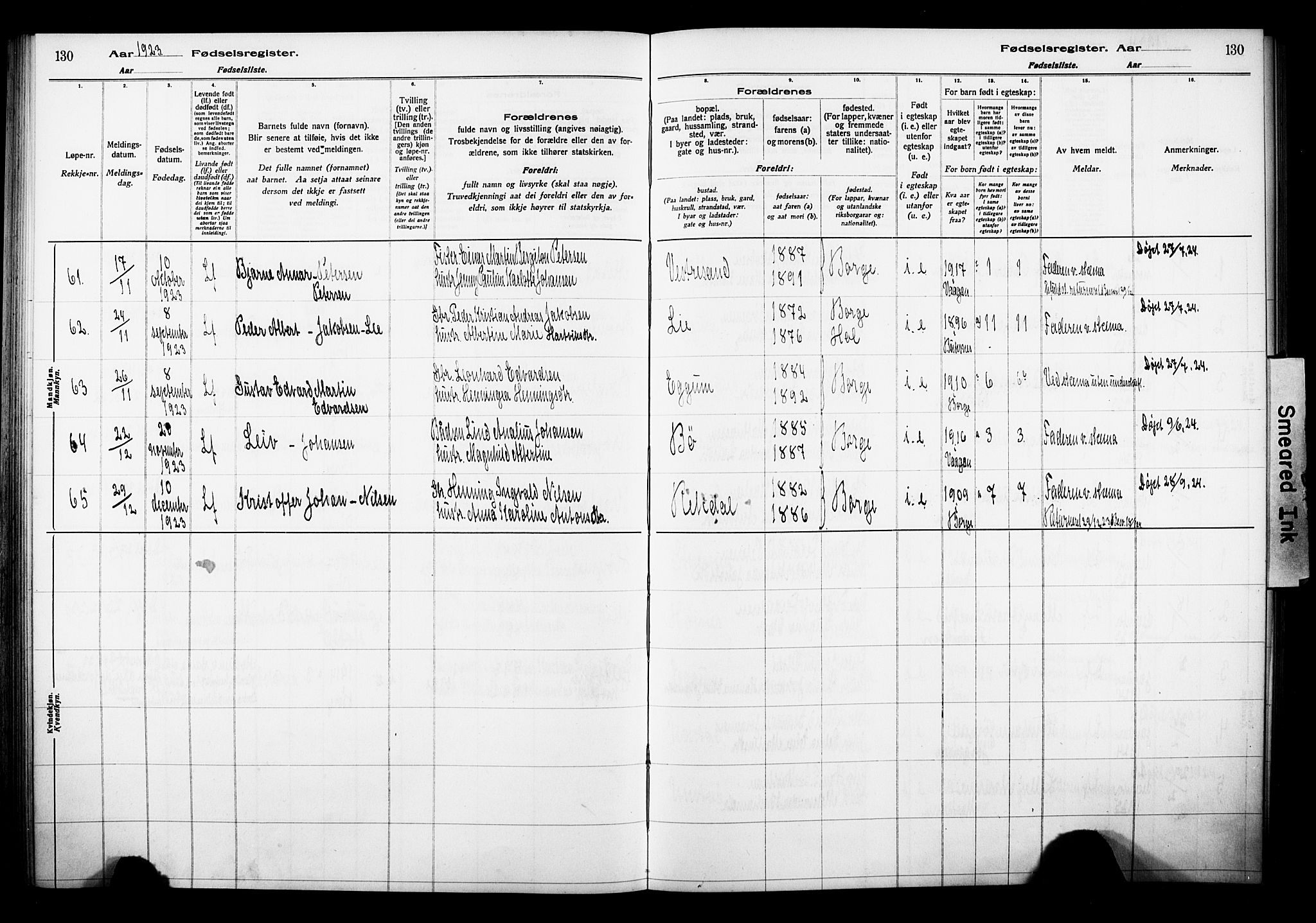 Ministerialprotokoller, klokkerbøker og fødselsregistre - Nordland, AV/SAT-A-1459/880/L1145: Fødselsregister nr. 880.II.4.1, 1916-1929, s. 130