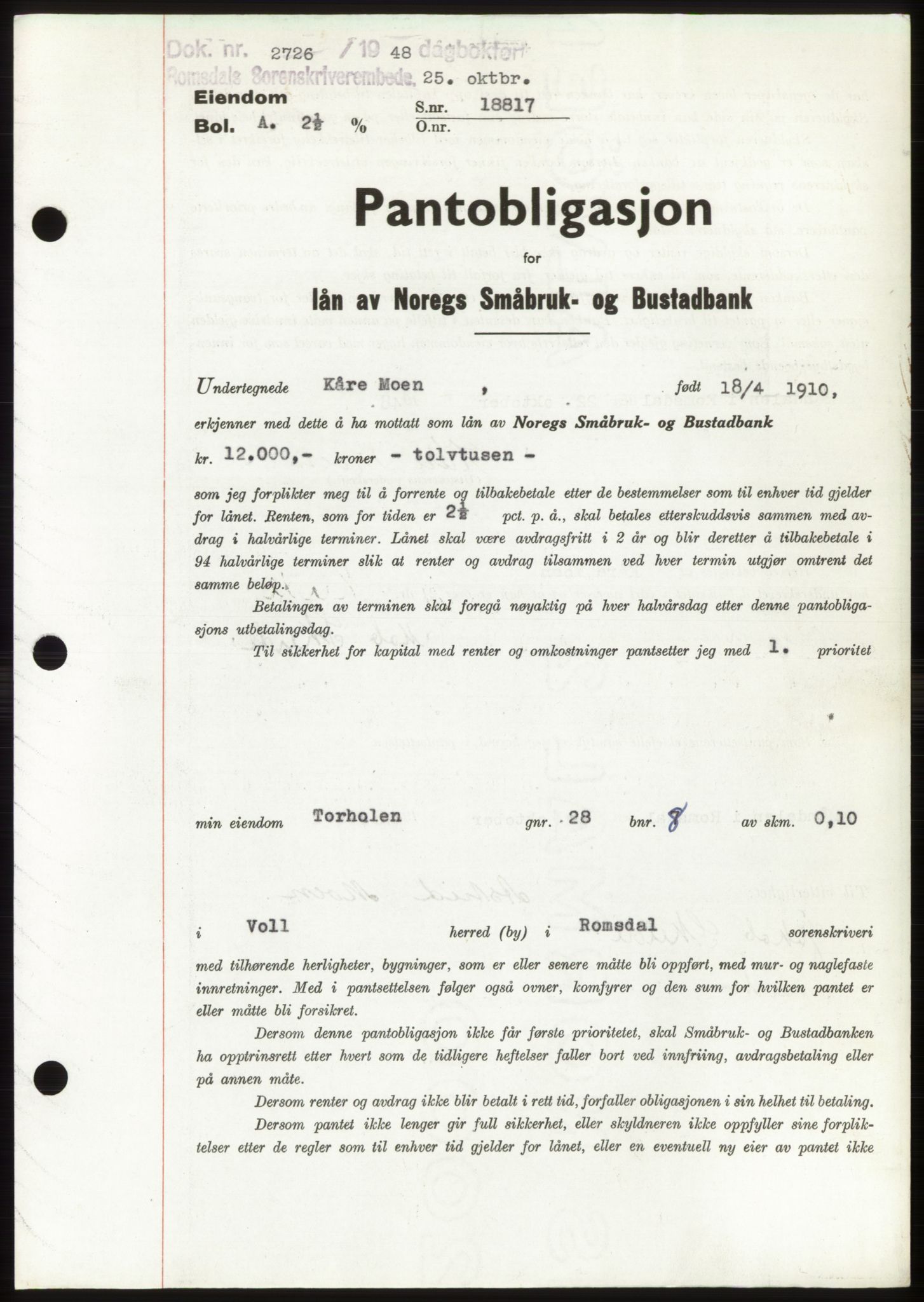 Romsdal sorenskriveri, SAT/A-4149/1/2/2C: Pantebok nr. B4, 1948-1949, Dagboknr: 2726/1948