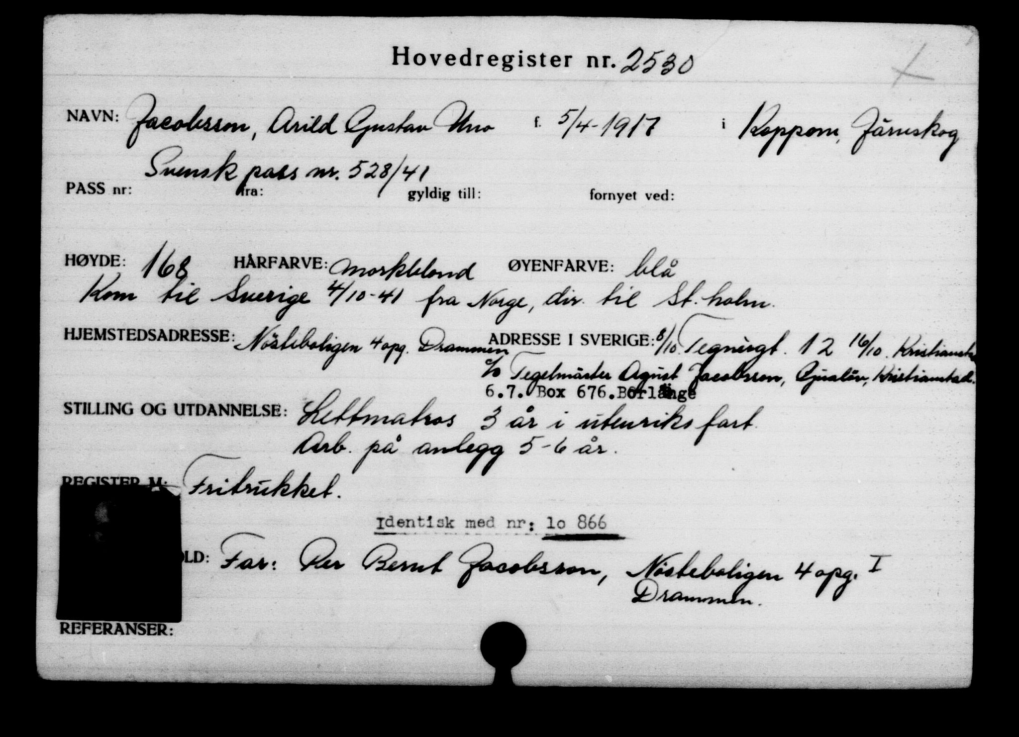 Utenriksstasjonene, Legasjonen i Stockholm, Flyktningkontoret, AV/RA-S-6753/V/Va/L0003: Kjesäterkartoteket, flyktninger med registreringsnr. 2001-3495, 1940-1945, s. 875