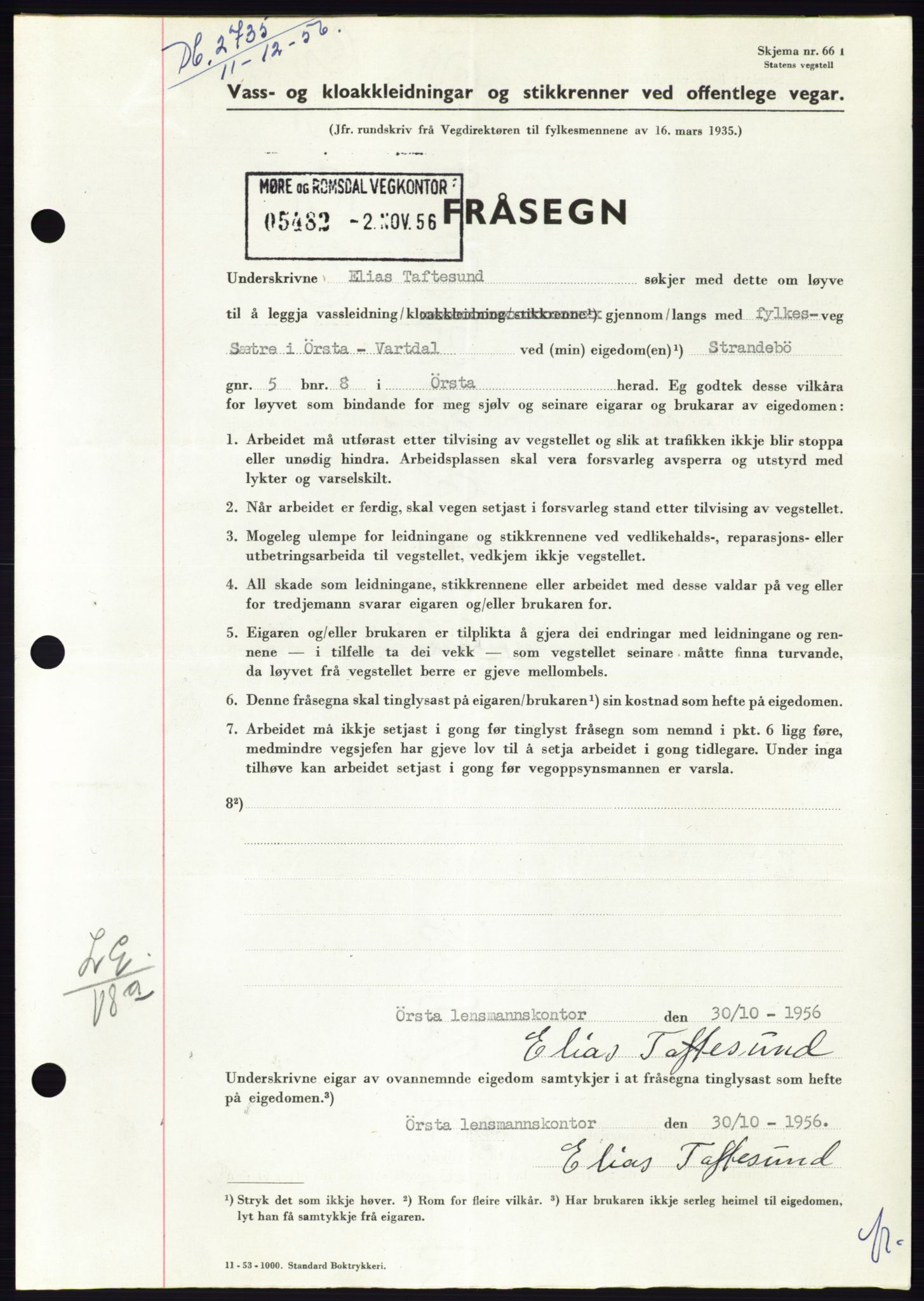 Søre Sunnmøre sorenskriveri, AV/SAT-A-4122/1/2/2C/L0105: Pantebok nr. 31A, 1956-1957, Dagboknr: 2735/1956