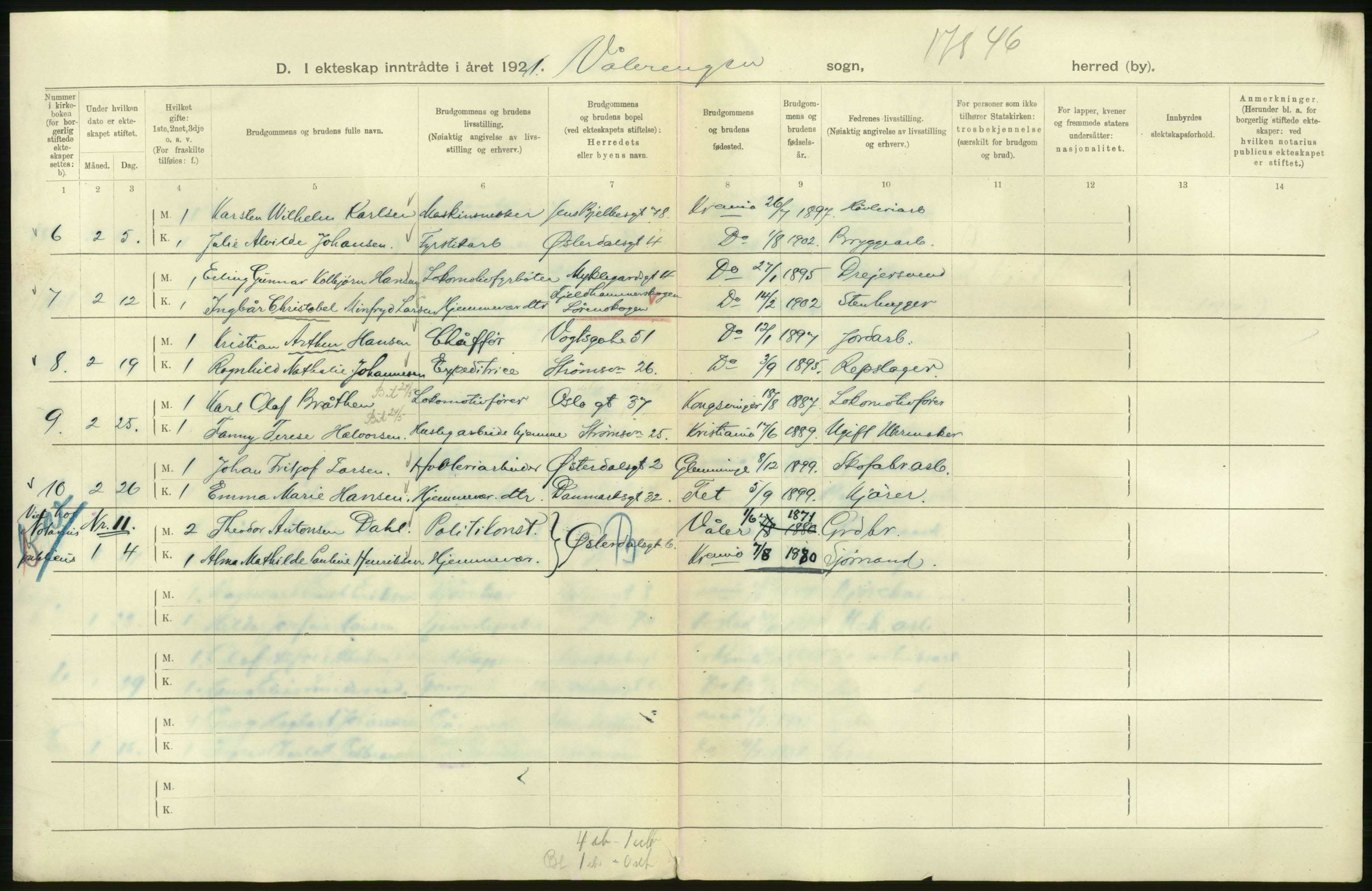 Statistisk sentralbyrå, Sosiodemografiske emner, Befolkning, RA/S-2228/D/Df/Dfc/Dfca/L0011: Kristiania: Gifte, 1921, s. 728