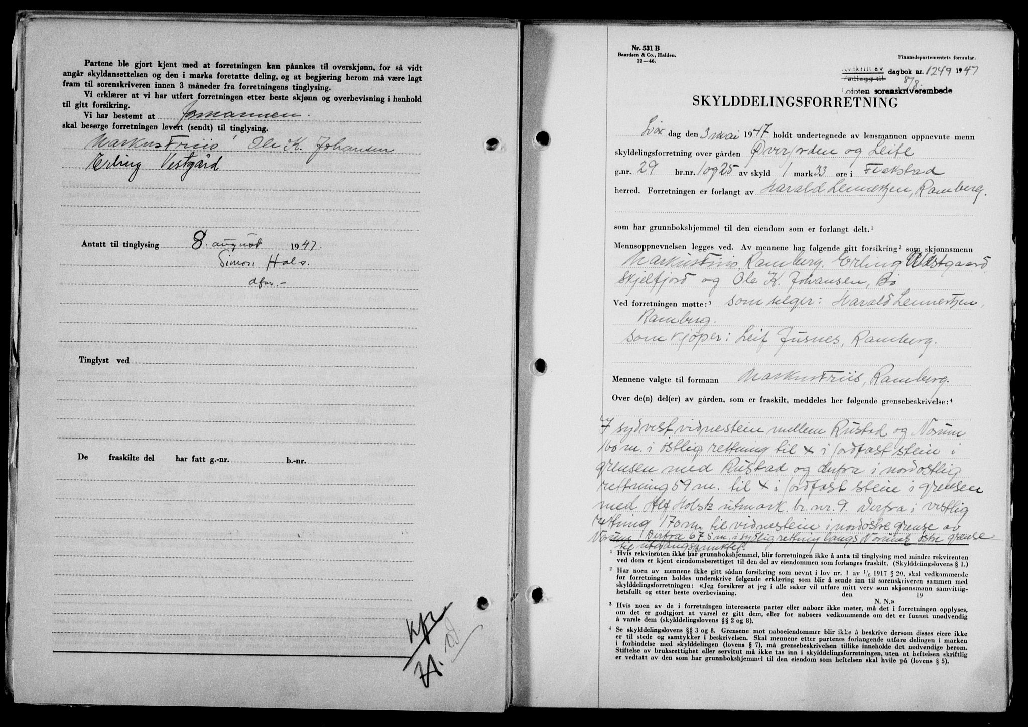 Lofoten sorenskriveri, SAT/A-0017/1/2/2C/L0016a: Pantebok nr. 16a, 1947-1947, Dagboknr: 1249/1947