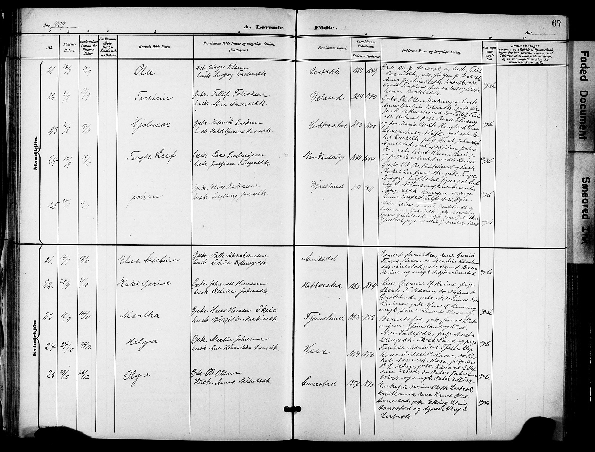 Hå sokneprestkontor, AV/SAST-A-101801/001/30BB/L0006: Klokkerbok nr. B 6, 1900-1924, s. 67