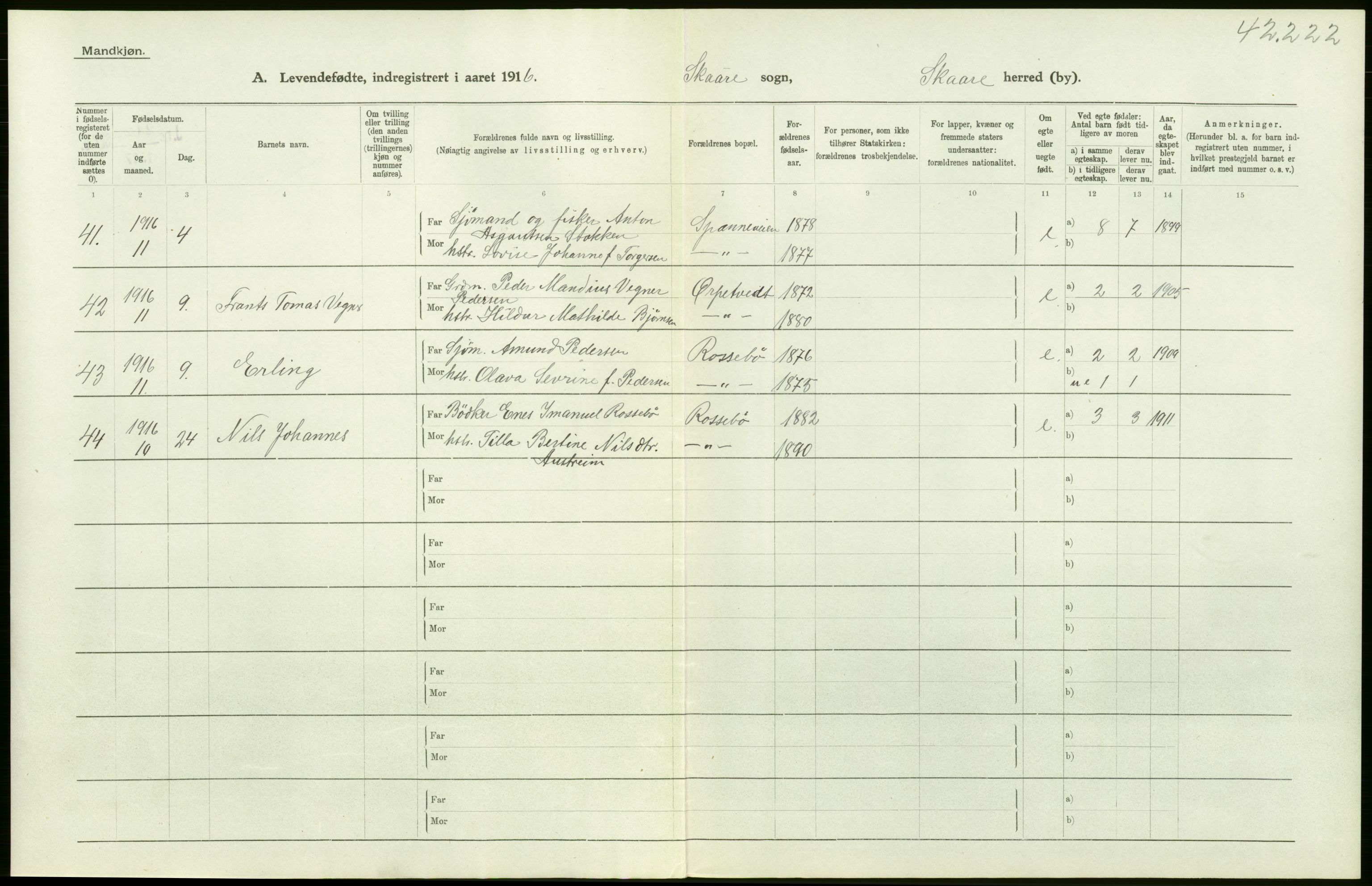 Statistisk sentralbyrå, Sosiodemografiske emner, Befolkning, AV/RA-S-2228/D/Df/Dfb/Dfbf/L0029: Stavanger amt: Levendefødte menn og kvinner. Bygder., 1916, s. 2