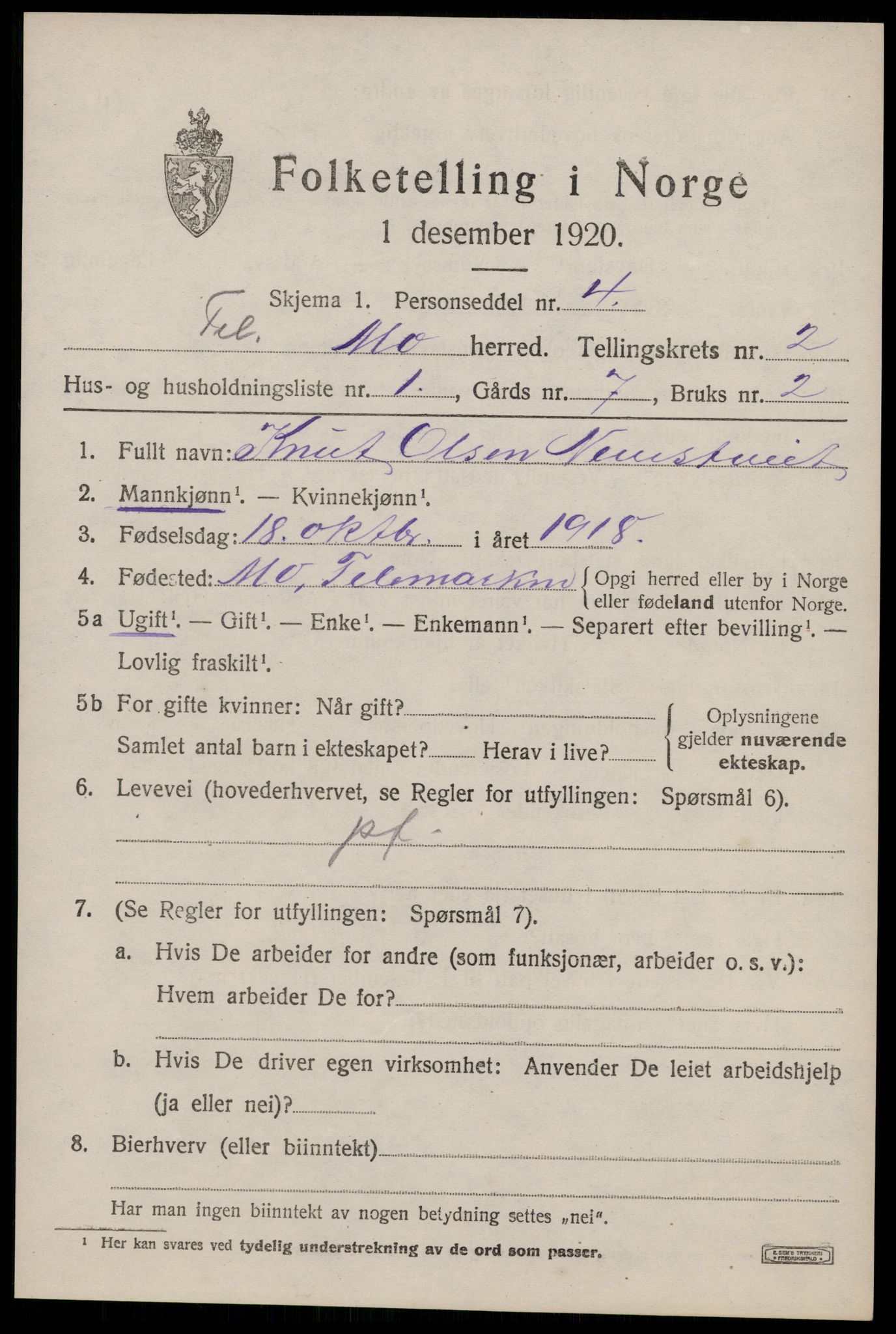 SAKO, Folketelling 1920 for 0832 Mo herred, 1920, s. 1092