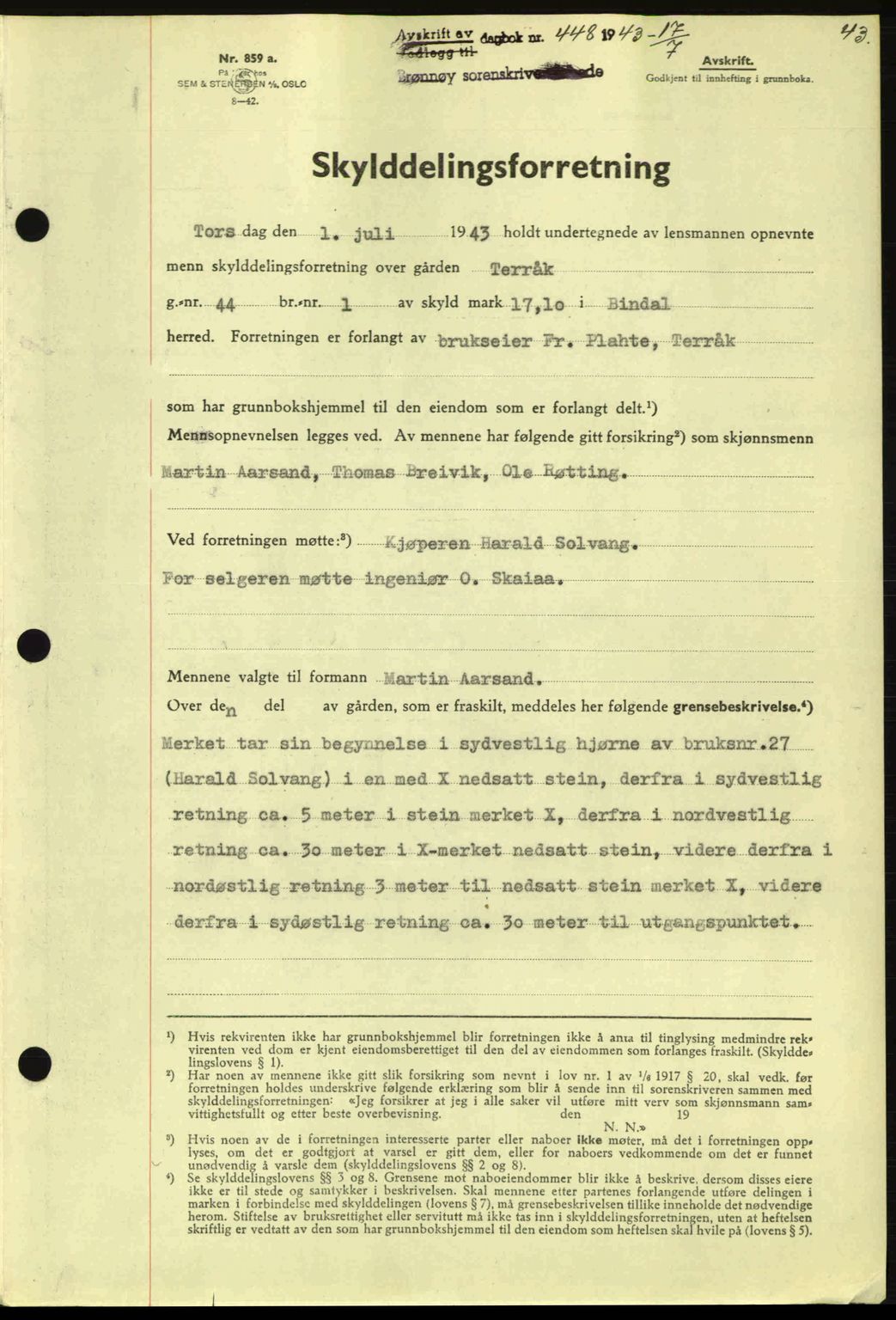 Brønnøy sorenskriveri, SAT/A-4170/1/2/2C: Pantebok nr. 23, 1943-1944, Dagboknr: 448/1943