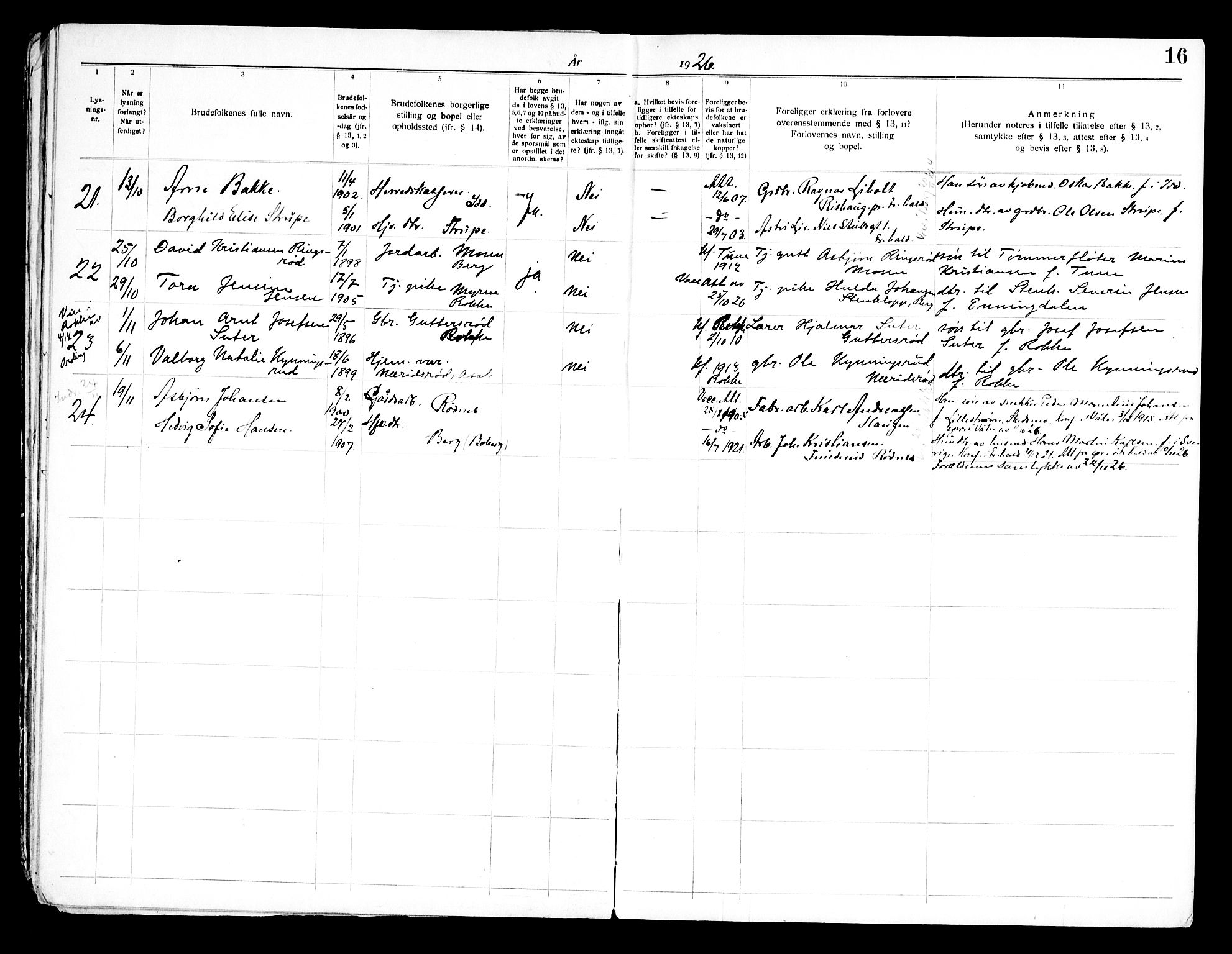 Berg prestekontor Kirkebøker, AV/SAO-A-10902/H/Ha/L0002: Lysningsprotokoll nr. I 2, 1919-1966, s. 16