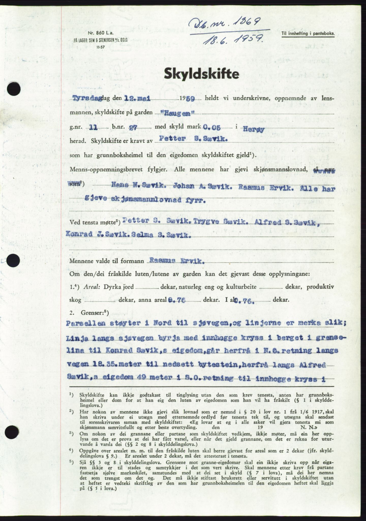 Søre Sunnmøre sorenskriveri, SAT/A-4122/1/2/2C/L0112: Pantebok nr. 38A, 1959-1959, Dagboknr: 1369/1959
