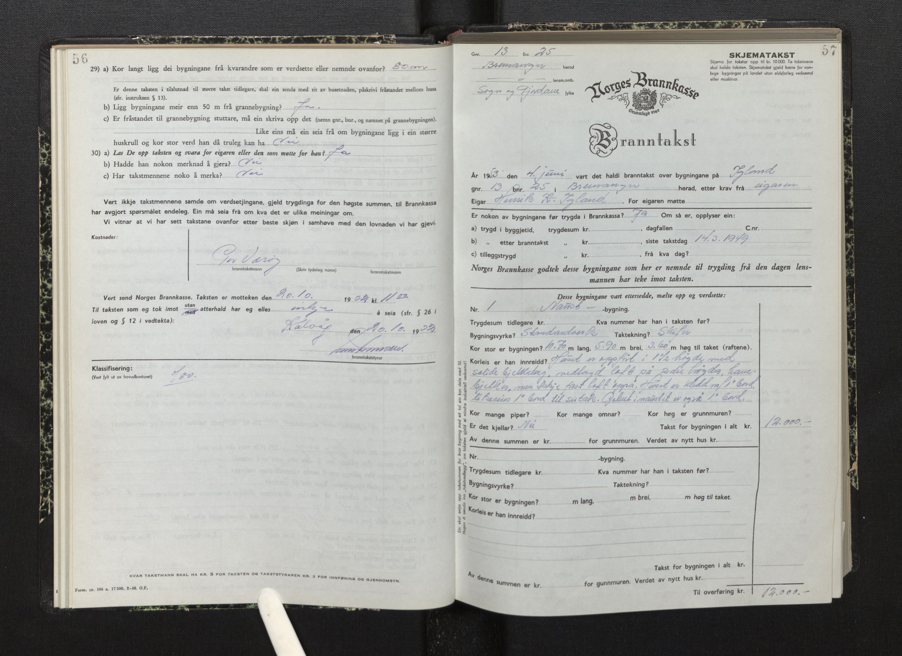 Lensmannen i Bremanger, AV/SAB-A-26701/0012/L0010: Branntakstprotokoll, skjematakst, 1950-1955, s. 56-57
