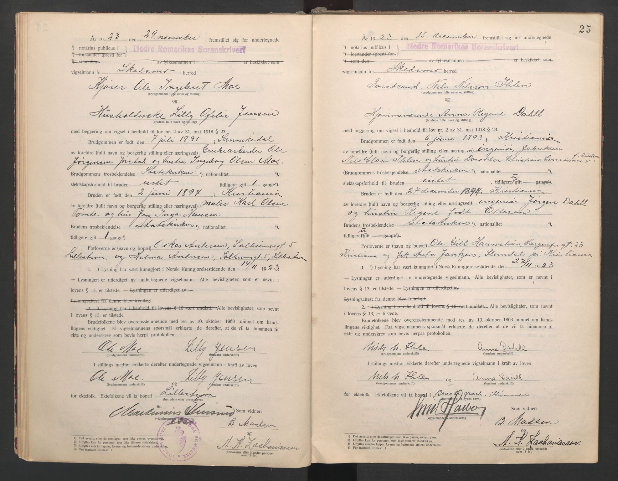 Nedre Romerike sorenskriveri, AV/SAO-A-10469/L/Lb/L0001: Vigselsbok - borgerlige vielser, 1920-1935, s. 25