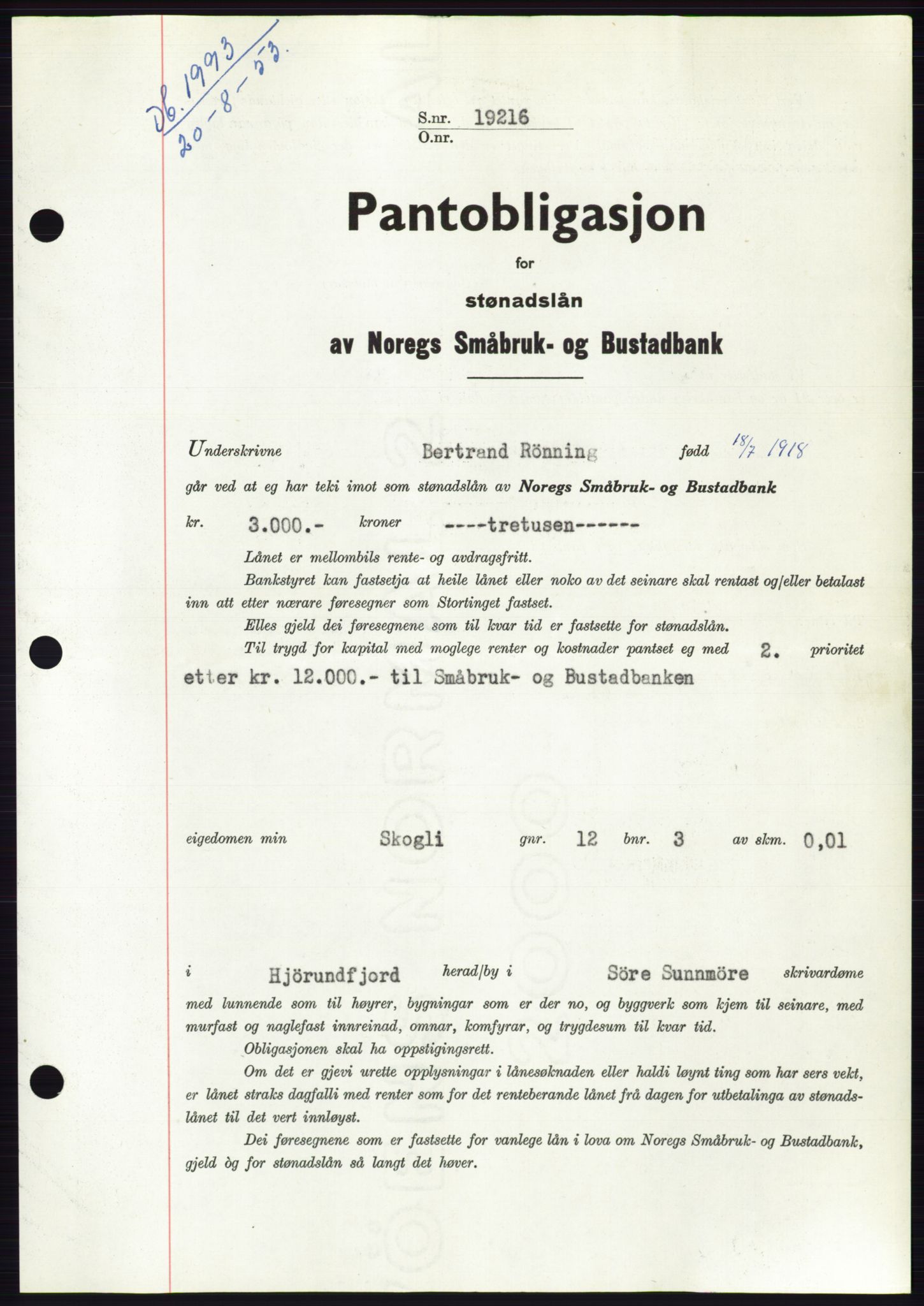 Søre Sunnmøre sorenskriveri, SAT/A-4122/1/2/2C/L0123: Pantebok nr. 11B, 1953-1953, Dagboknr: 1993/1953