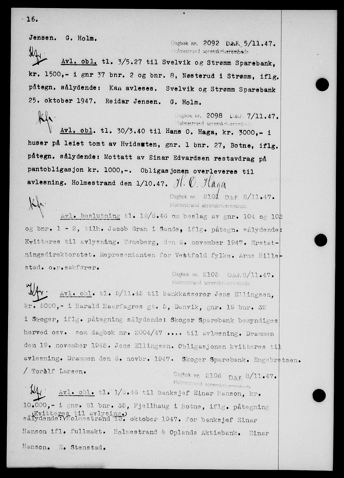 Holmestrand sorenskriveri, SAKO/A-67/G/Ga/Gab/L0058: Pantebok nr. B-58, 1947-1948, s. 16, Dagboknr: 2092/1947
