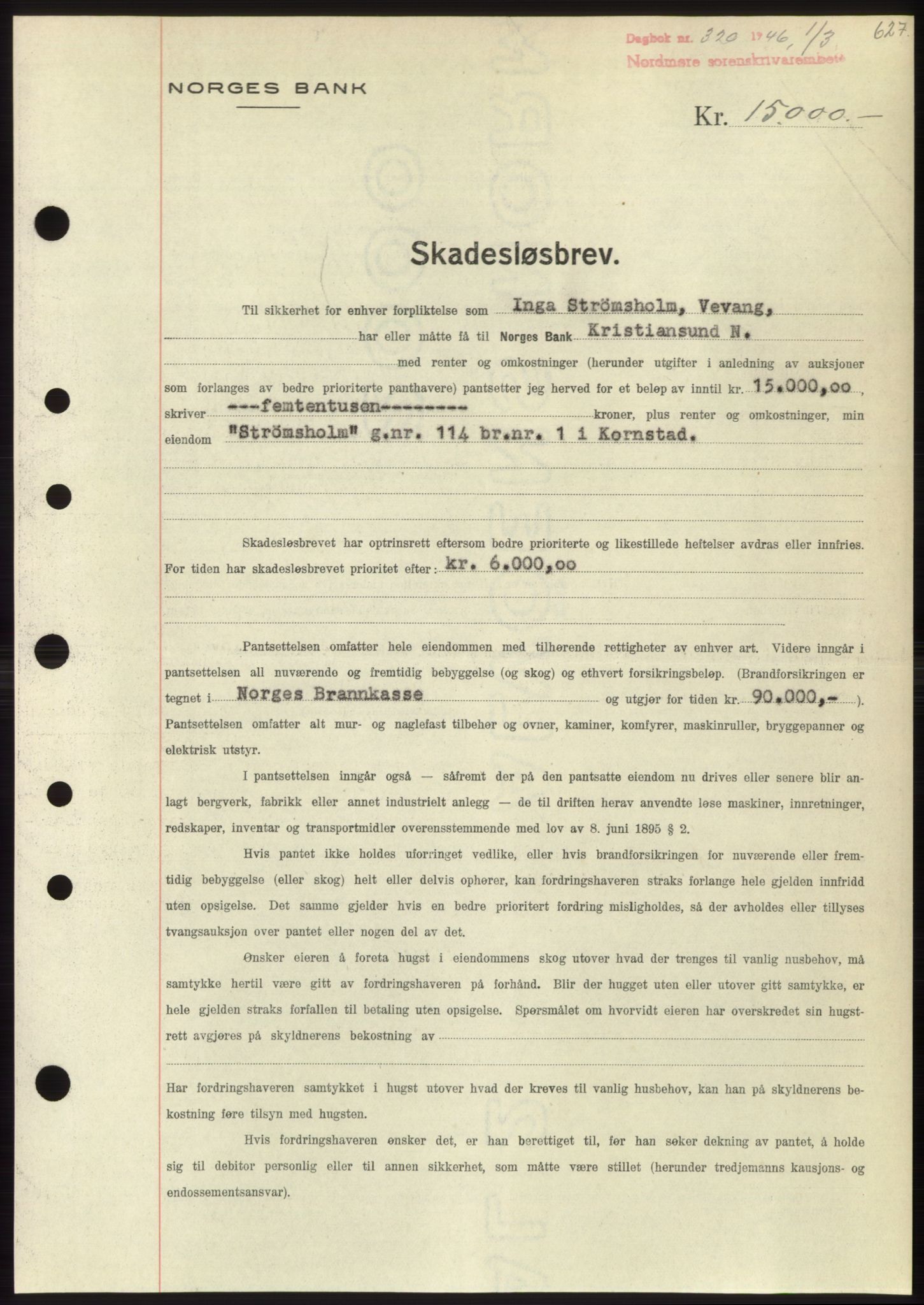 Nordmøre sorenskriveri, SAT/A-4132/1/2/2Ca: Pantebok nr. B93b, 1946-1946, Dagboknr: 320/1946