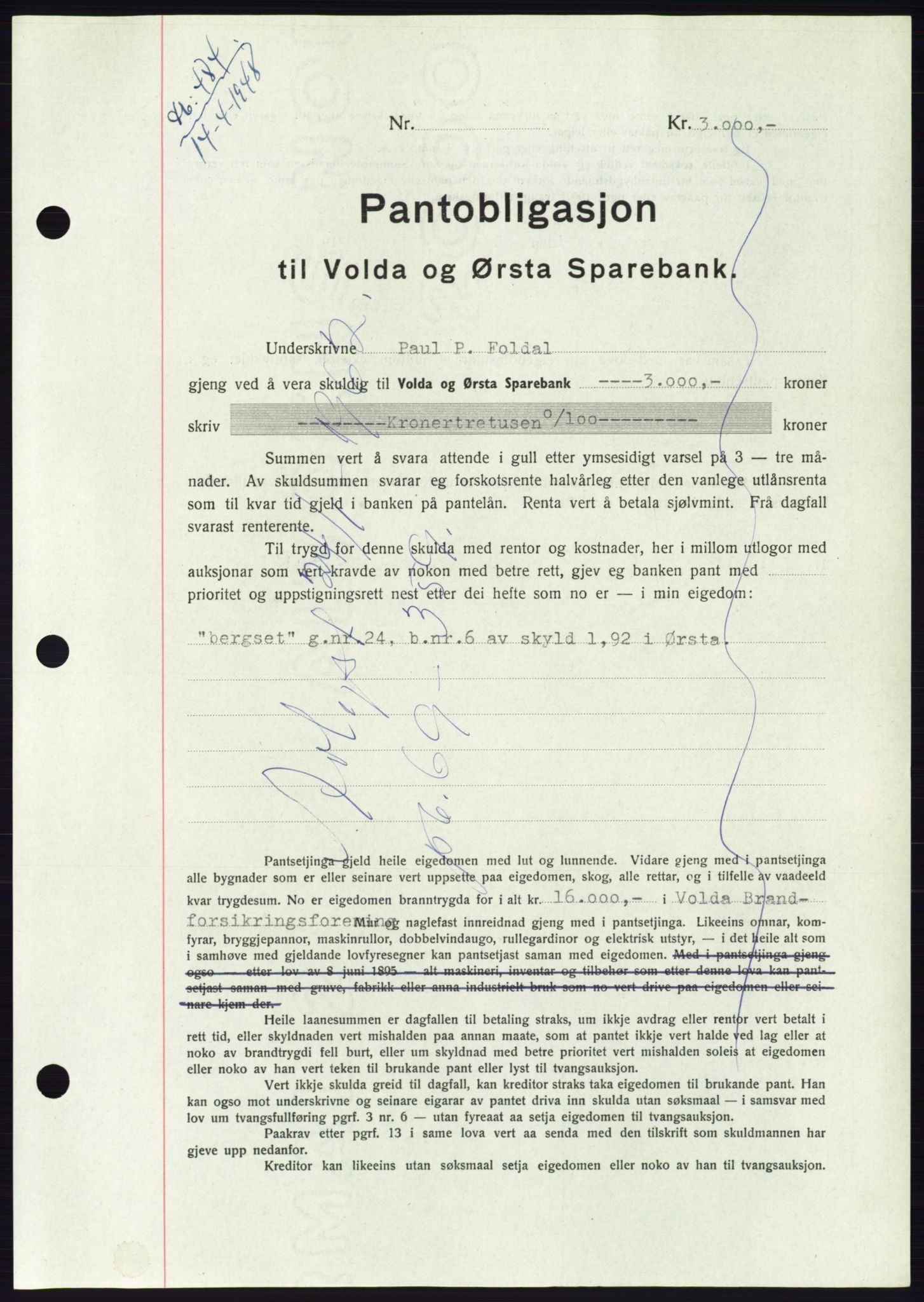 Søre Sunnmøre sorenskriveri, AV/SAT-A-4122/1/2/2C/L0115: Pantebok nr. 3B, 1947-1948, Dagboknr: 484/1948