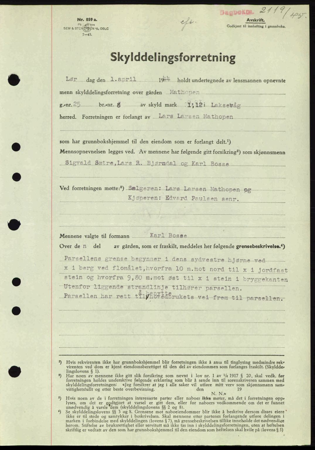 Midhordland sorenskriveri, SAB/A-3001/1/G/Gb/Gbk/L0008: Pantebok nr. A36-41, 1944-1945, Dagboknr: 2119/1945