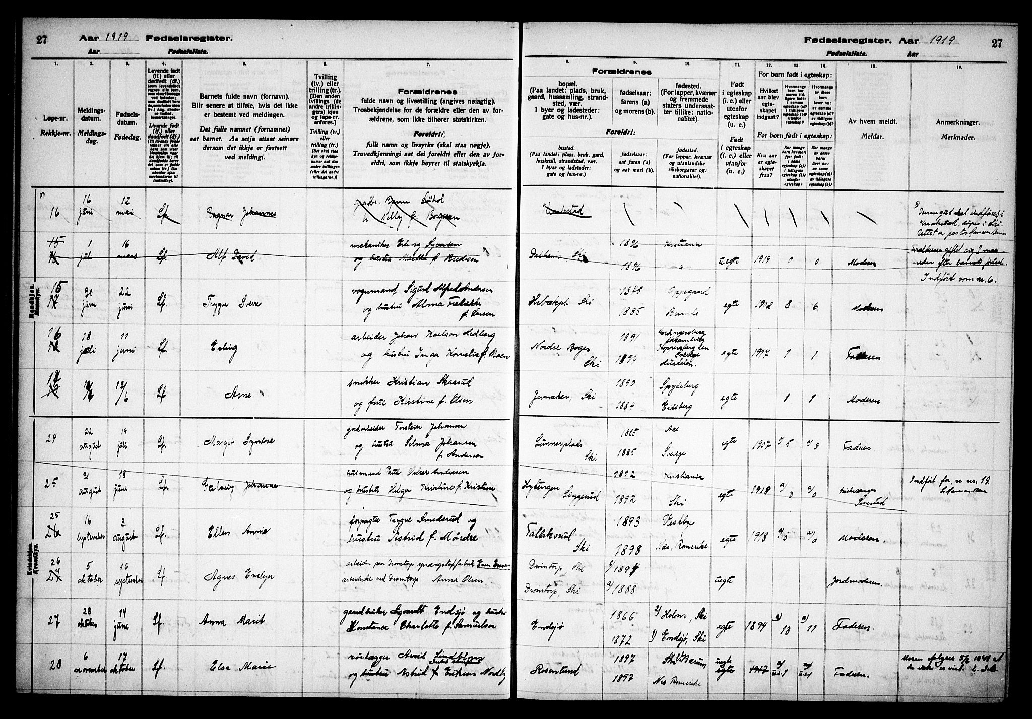 Kråkstad prestekontor Kirkebøker, AV/SAO-A-10125a/J/Jb/L0001: Fødselsregister nr. II 1, 1916-1936, s. 27