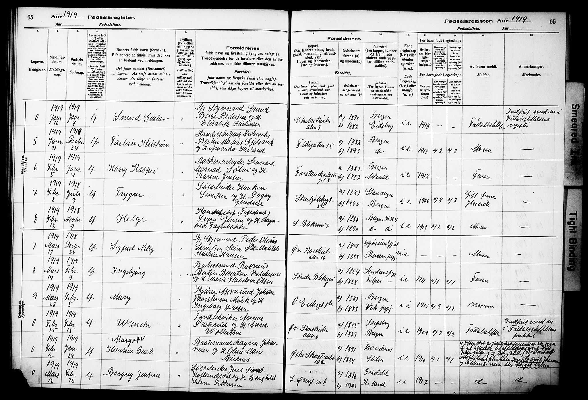 Korskirken sokneprestembete, AV/SAB-A-76101/I/Id/L00A1: Fødselsregister nr. A 1, 1916-1929, s. 65