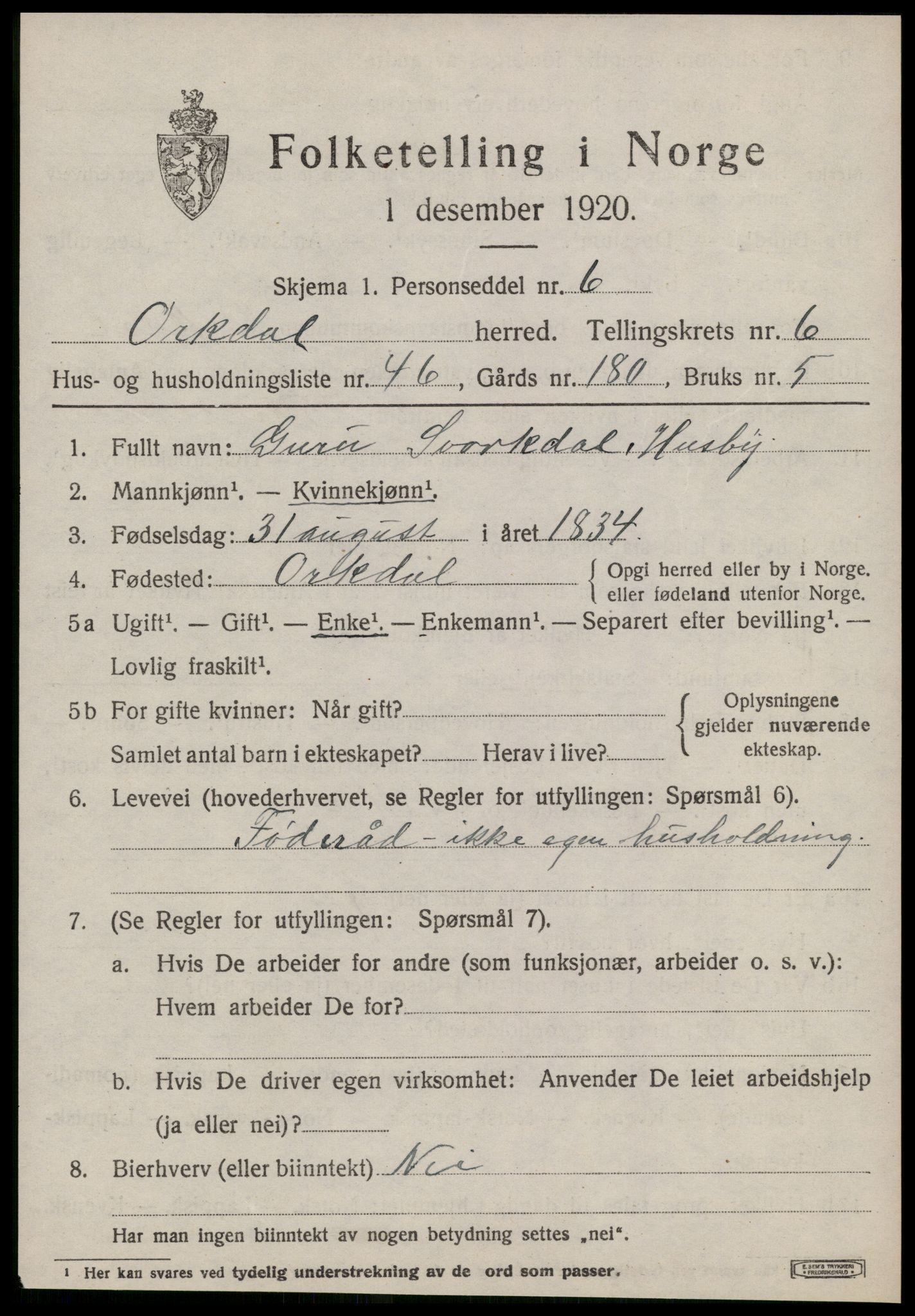 SAT, Folketelling 1920 for 1638 Orkdal herred, 1920, s. 5810