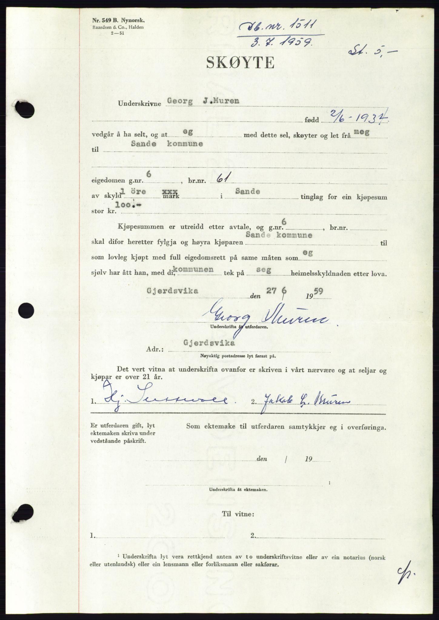 Søre Sunnmøre sorenskriveri, AV/SAT-A-4122/1/2/2C/L0113: Pantebok nr. 39A, 1959-1959, Dagboknr: 1511/1959