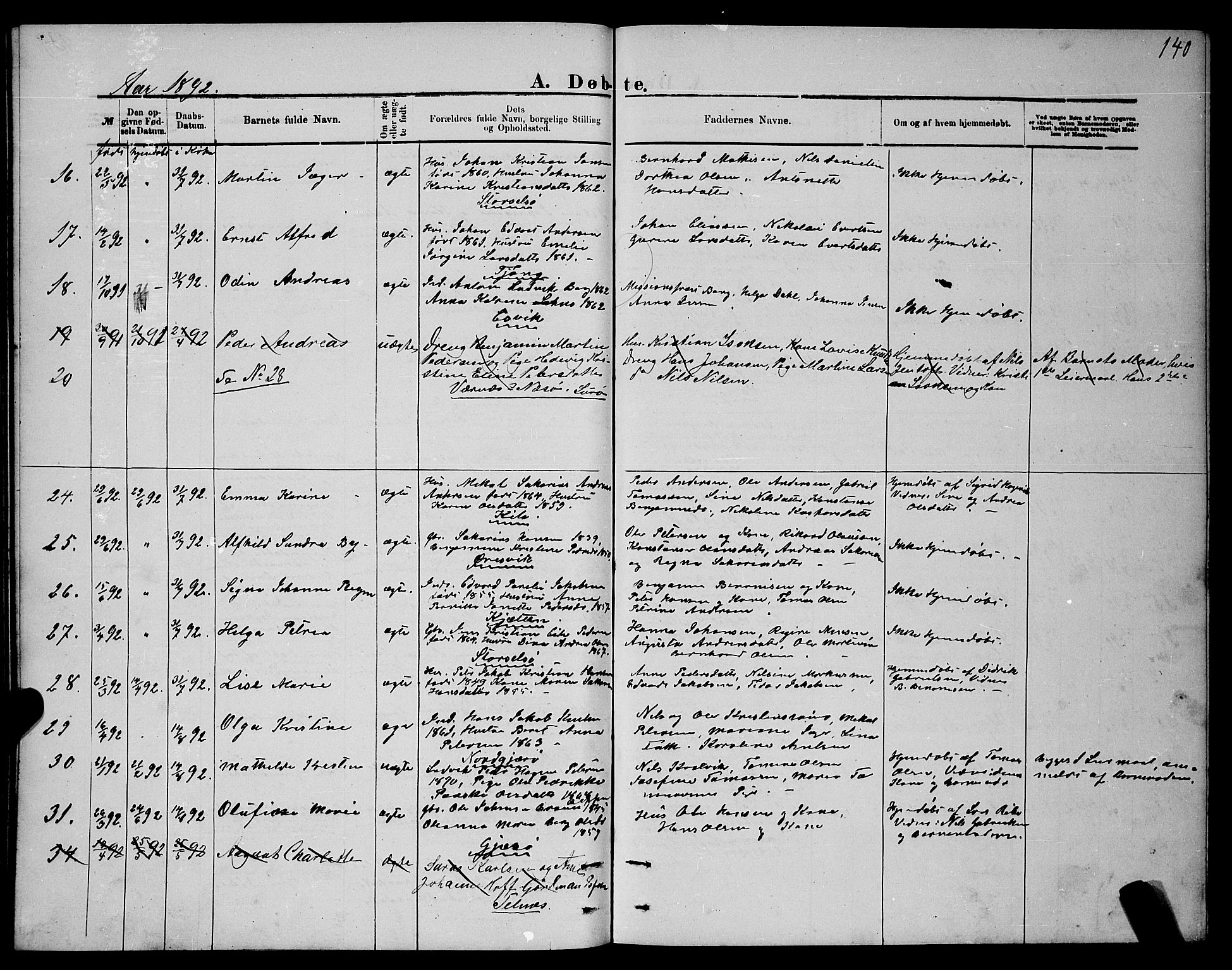 Ministerialprotokoller, klokkerbøker og fødselsregistre - Nordland, AV/SAT-A-1459/841/L0620: Klokkerbok nr. 841C04, 1877-1896, s. 140
