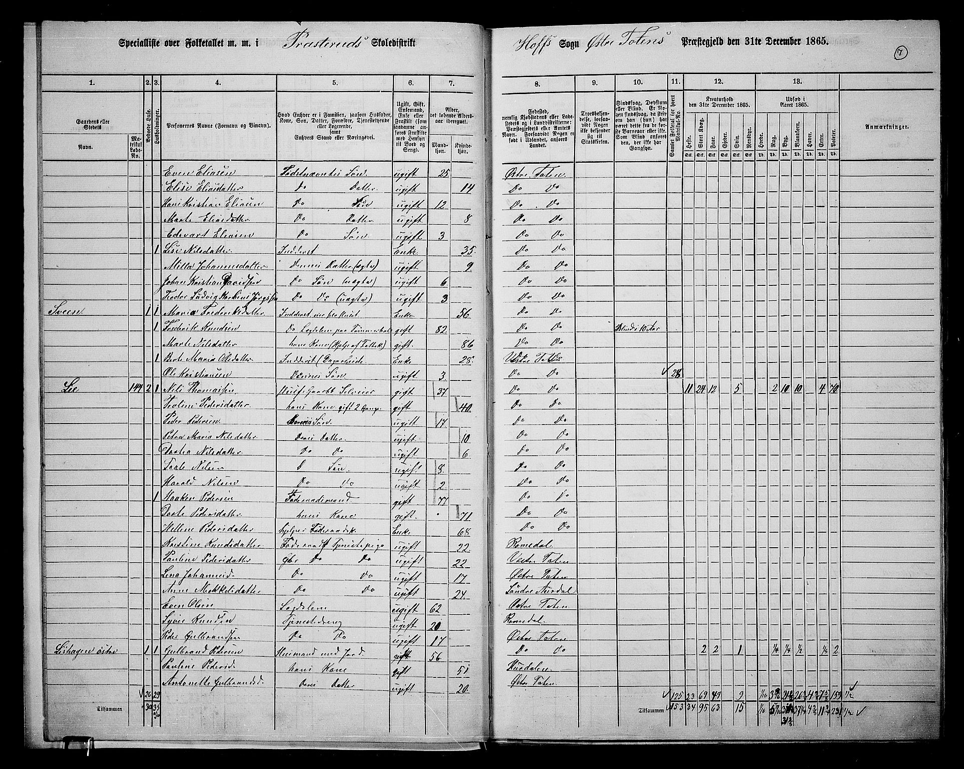 RA, Folketelling 1865 for 0528P Østre Toten prestegjeld, 1865, s. 141