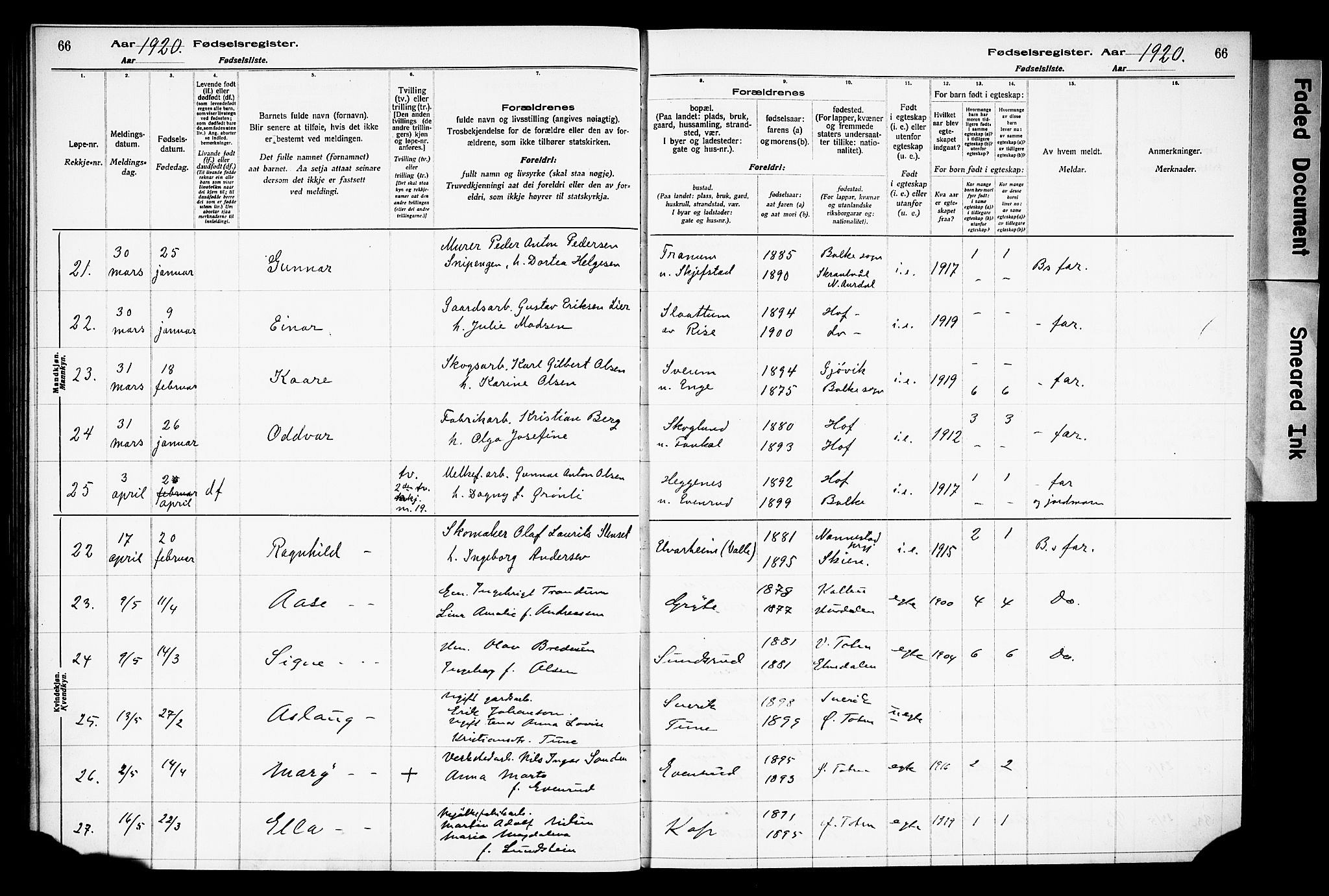 Østre Toten prestekontor, AV/SAH-PREST-104/I/Id/L0001/0001: Fødselsregister nr. 1.1, 1916-1928, s. 66