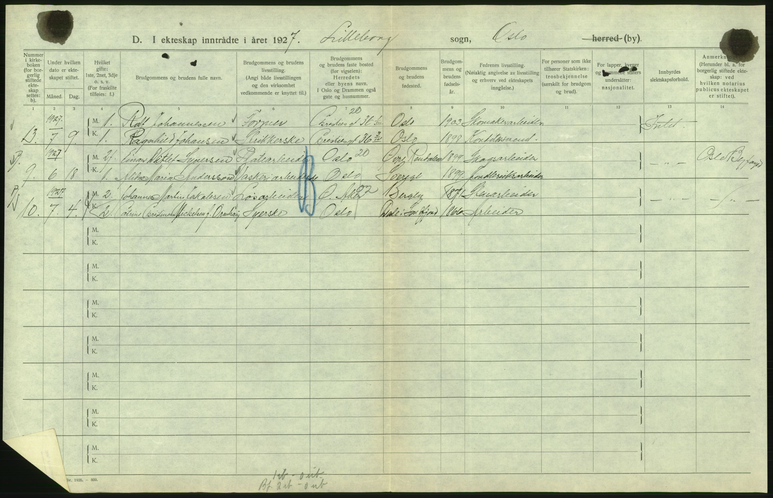 Statistisk sentralbyrå, Sosiodemografiske emner, Befolkning, AV/RA-S-2228/D/Df/Dfc/Dfcg/L0008: Oslo: Gifte, 1927, s. 814