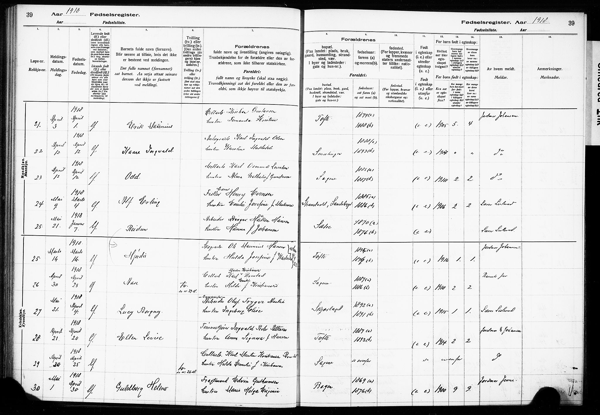 Hurum kirkebøker, AV/SAKO-A-229/J/Ja/L0001: Fødselsregister nr. 1, 1916-1928, s. 39