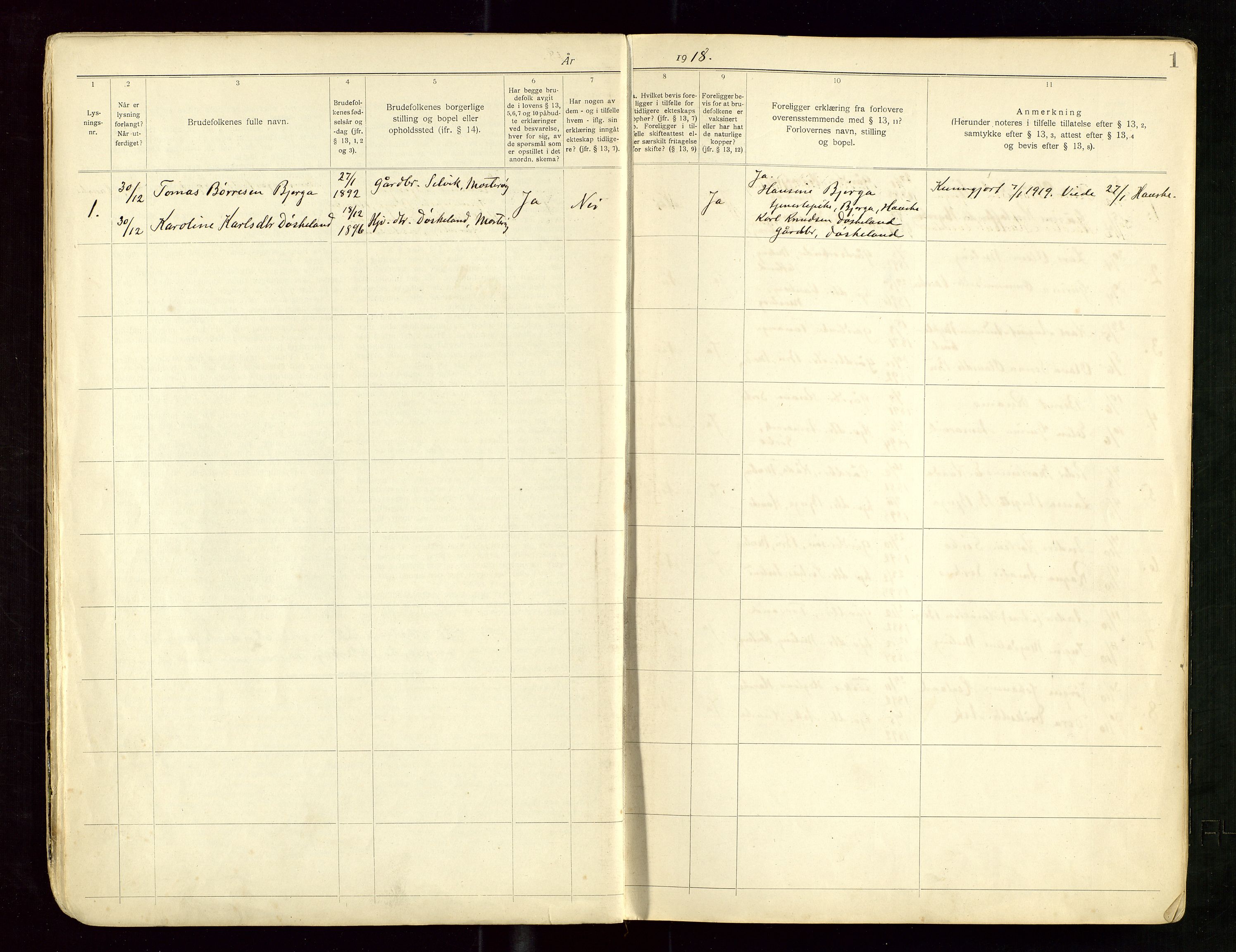 Rennesøy sokneprestkontor, AV/SAST-A -101827/I/Ie/L0002: Lysningsprotokoll nr. 2, 1918-1969, s. 1