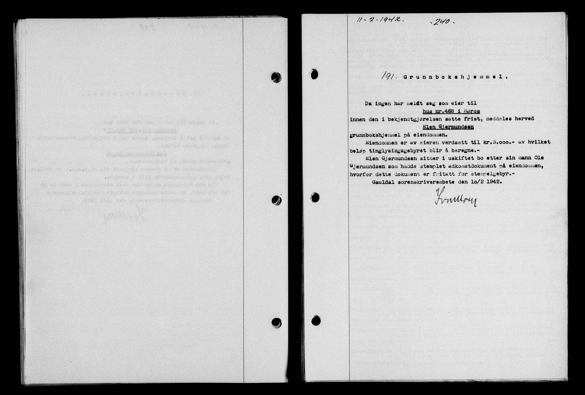 Gauldal sorenskriveri, SAT/A-0014/1/2/2C/L0054: Pantebok nr. 59, 1941-1942, Dagboknr: 191/1942