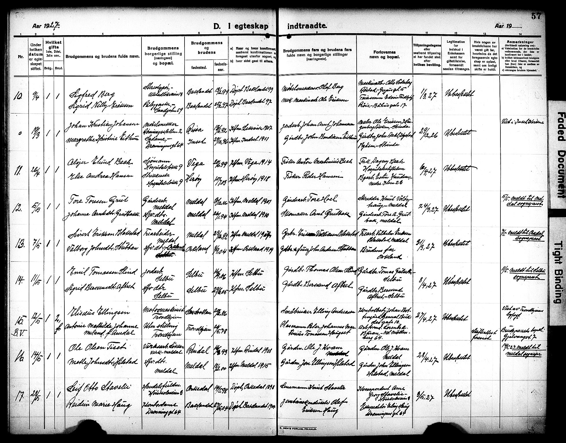 Ministerialprotokoller, klokkerbøker og fødselsregistre - Sør-Trøndelag, AV/SAT-A-1456/602/L0149: Klokkerbok nr. 602C17, 1919-1932, s. 57