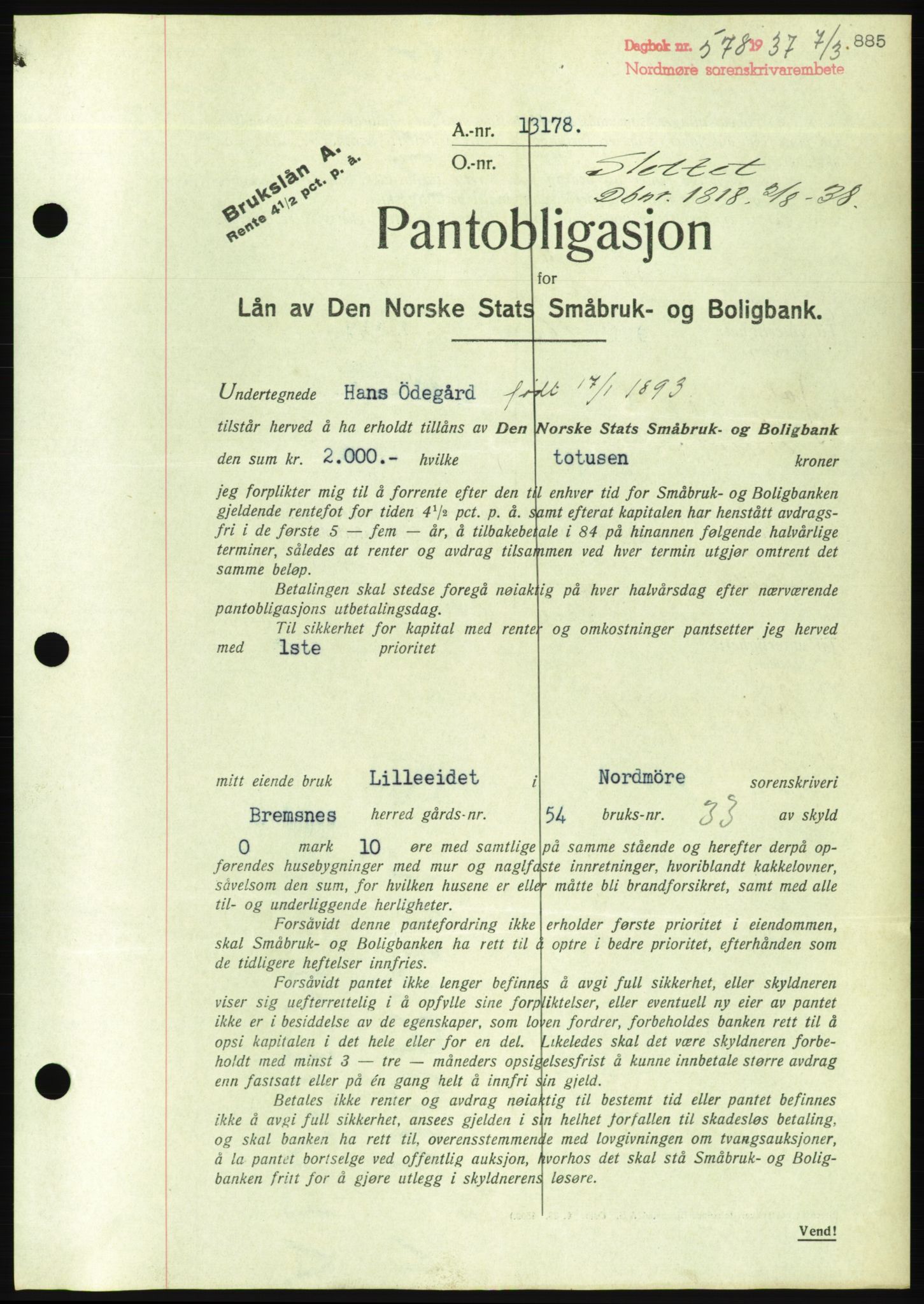 Nordmøre sorenskriveri, AV/SAT-A-4132/1/2/2Ca/L0092: Pantebok nr. B82, 1937-1938, Dagboknr: 578/1938