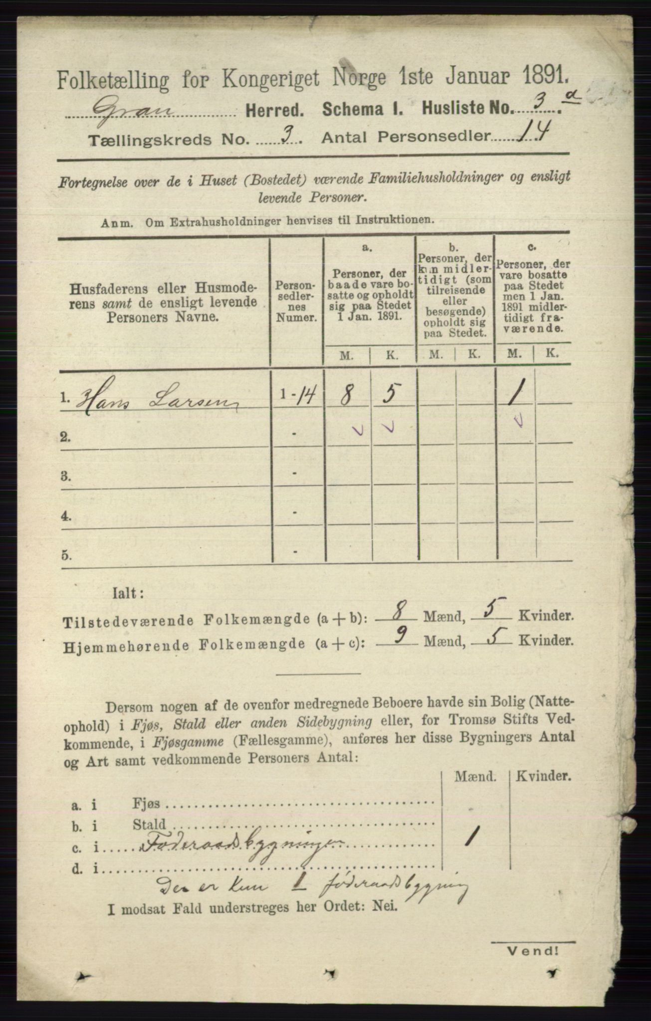 RA, Folketelling 1891 for 0534 Gran herred, 1891, s. 608