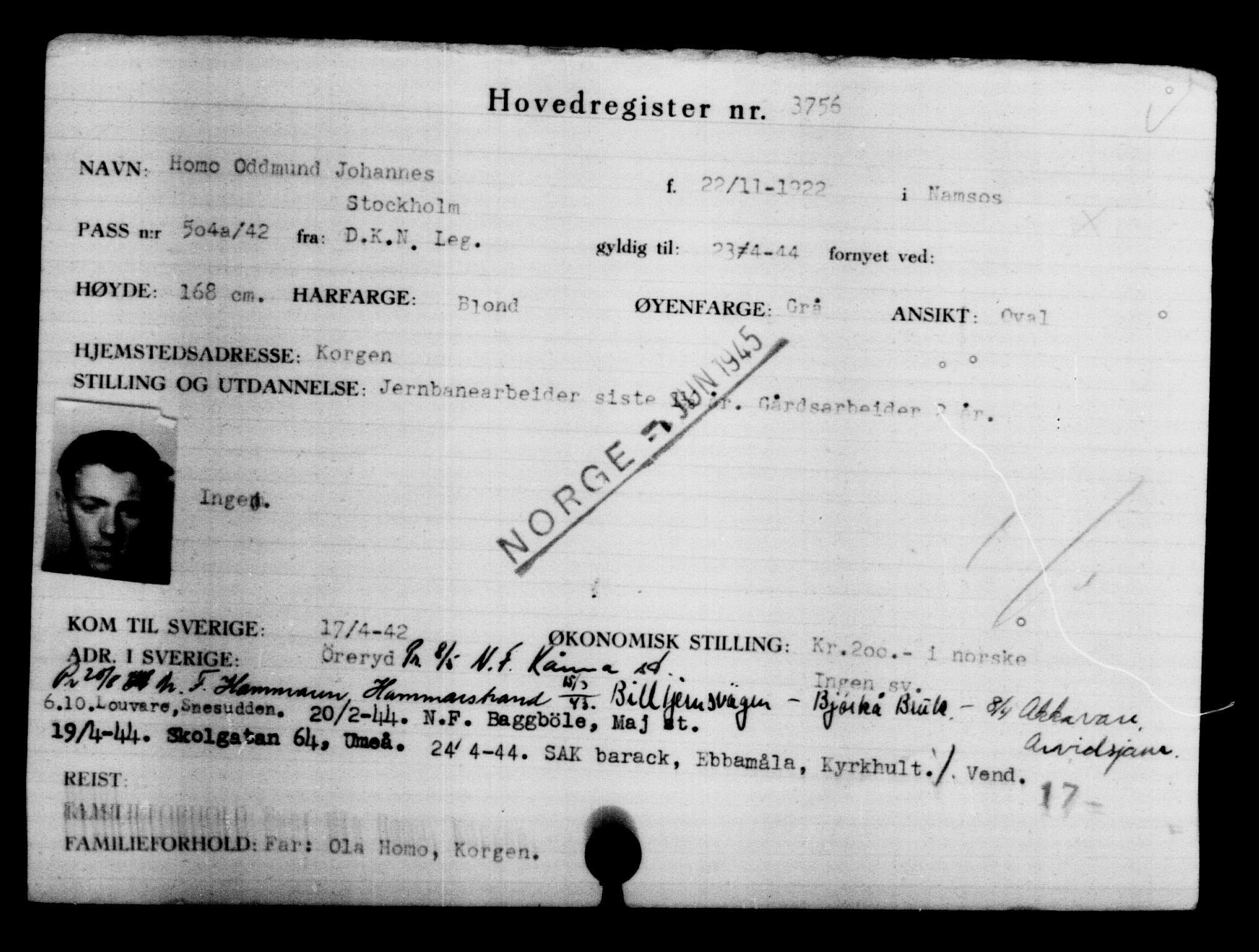 Utenriksstasjonene, Legasjonen i Stockholm, Flyktningkontoret, AV/RA-S-6753/V/Va/L0004: Kjesäterkartoteket, flyktninger med registreringsnr. 3496-6610, 1940-1945, s. 301