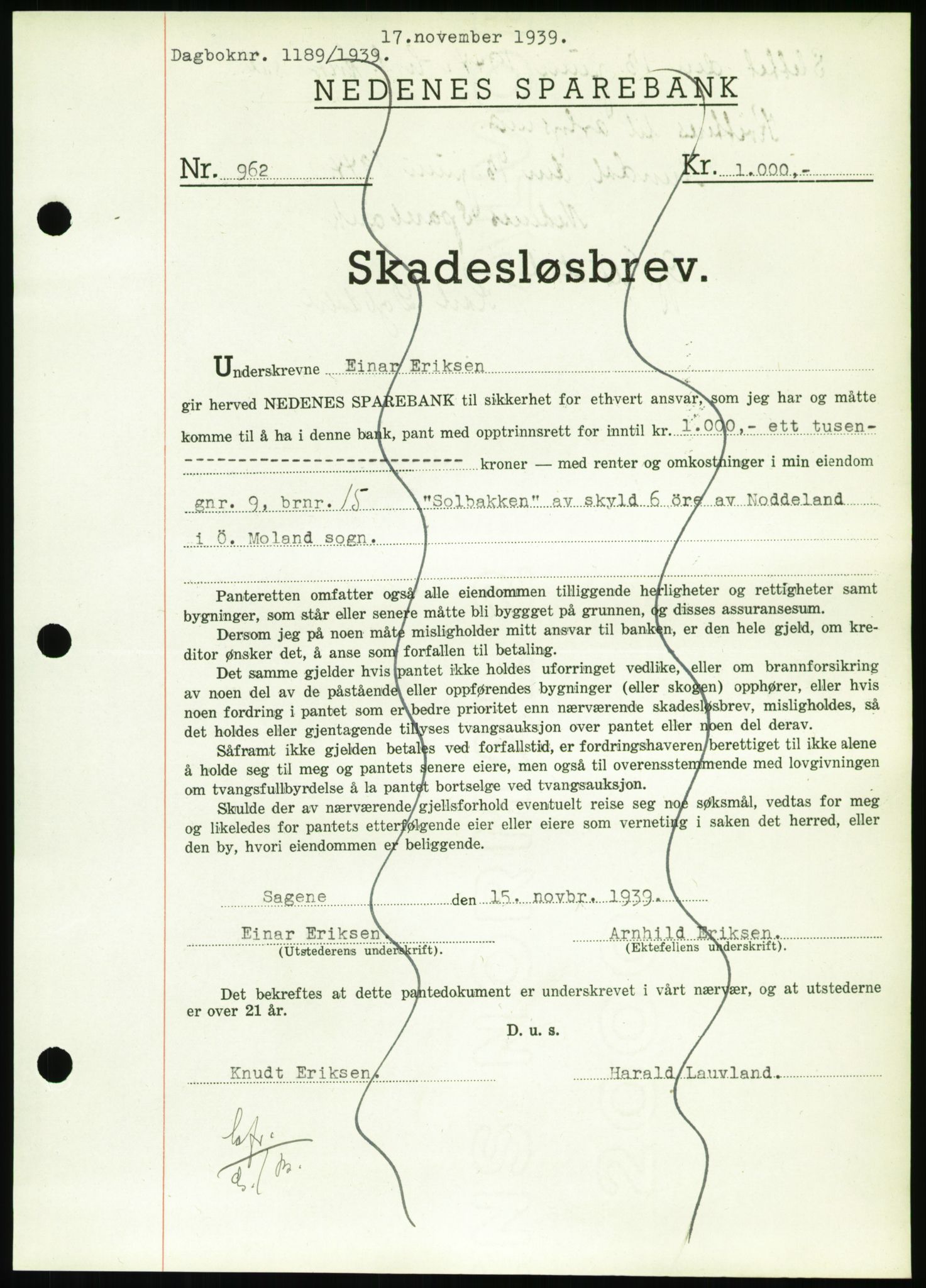 Nedenes sorenskriveri, SAK/1221-0006/G/Gb/Gbb/L0001: Pantebok nr. I, 1939-1942, Dagboknr: 1189/1939