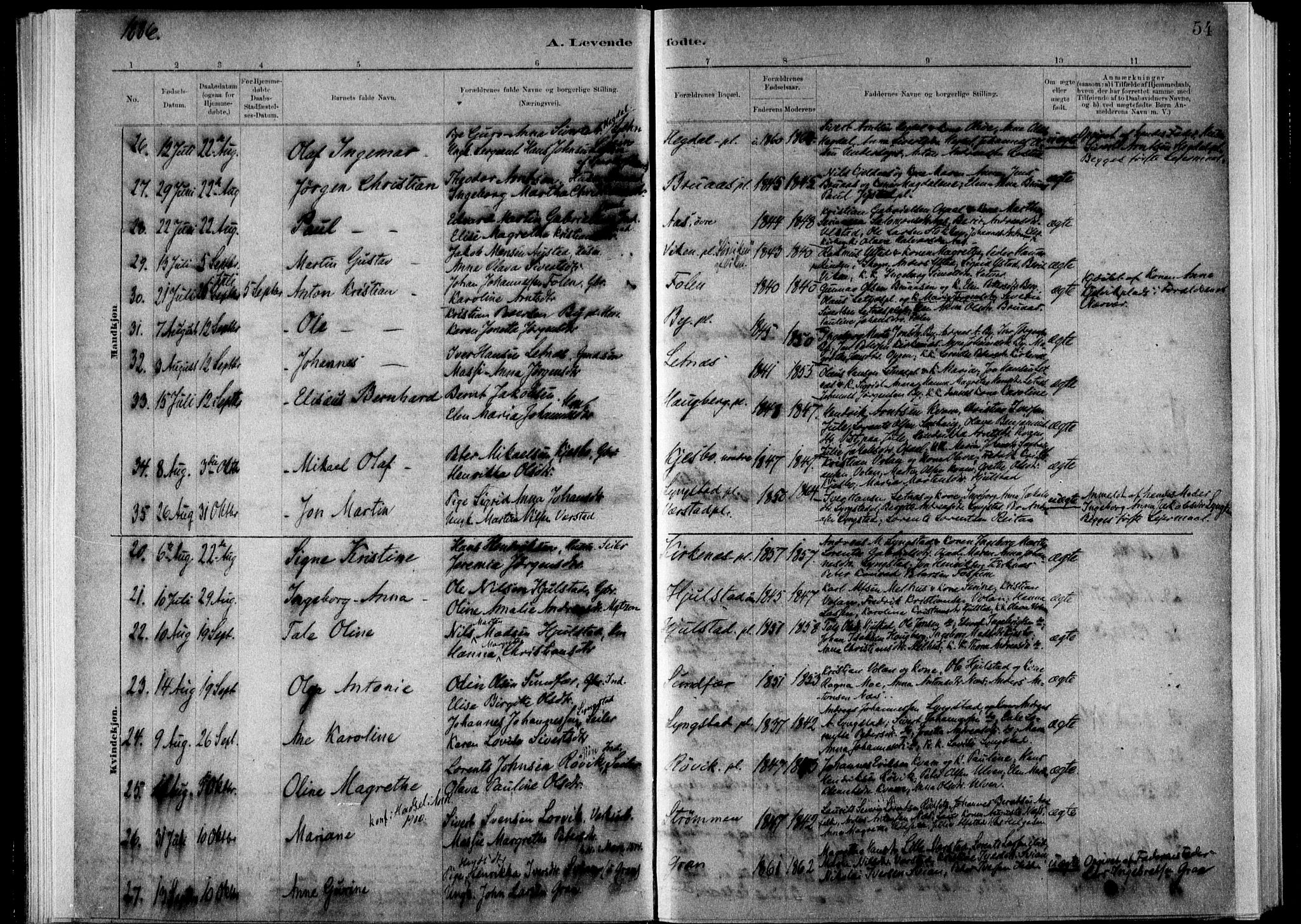 Ministerialprotokoller, klokkerbøker og fødselsregistre - Nord-Trøndelag, SAT/A-1458/730/L0285: Ministerialbok nr. 730A10, 1879-1914, s. 54