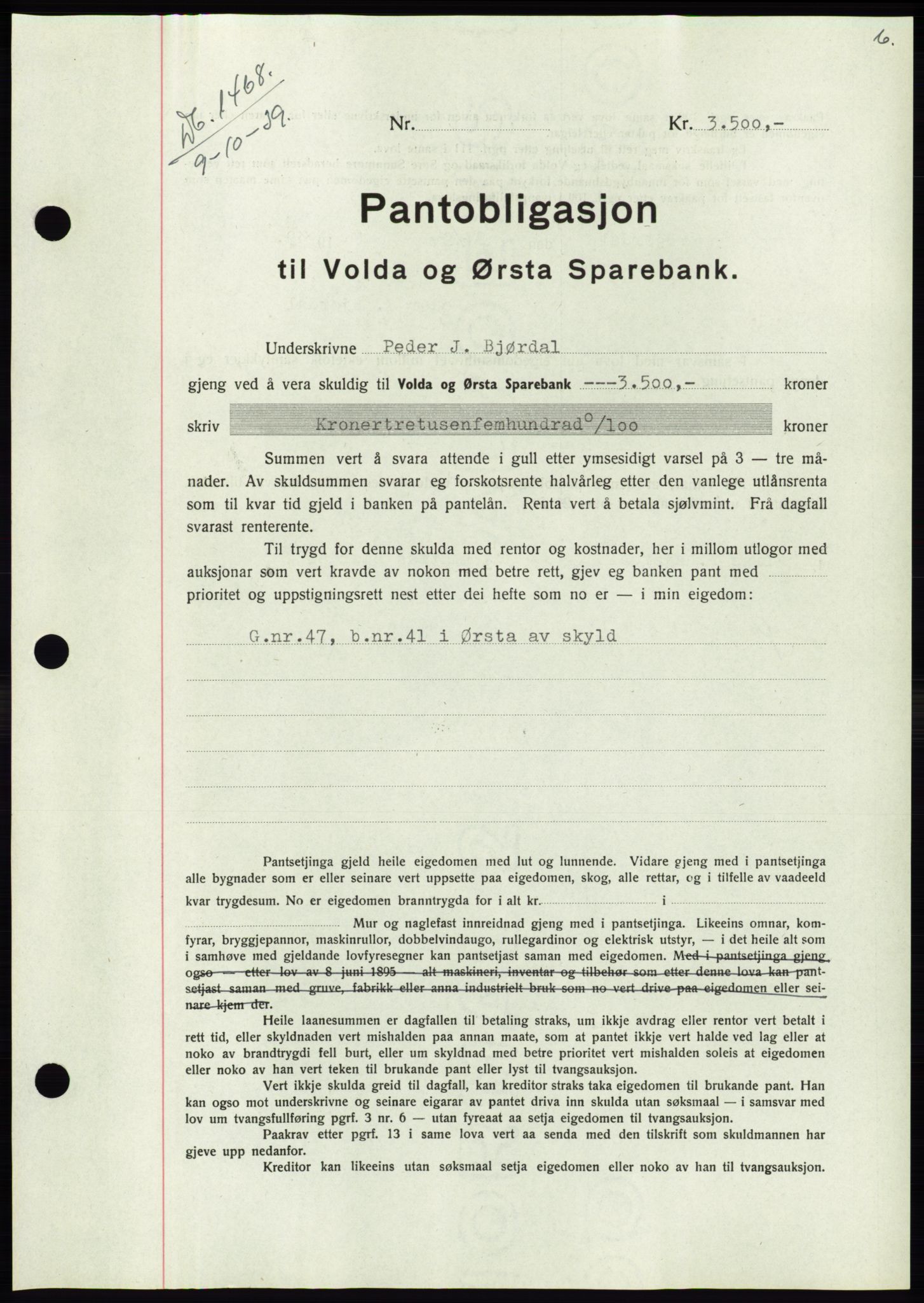 Søre Sunnmøre sorenskriveri, SAT/A-4122/1/2/2C/L0069: Pantebok nr. 63, 1939-1940, Dagboknr: 1468/1939