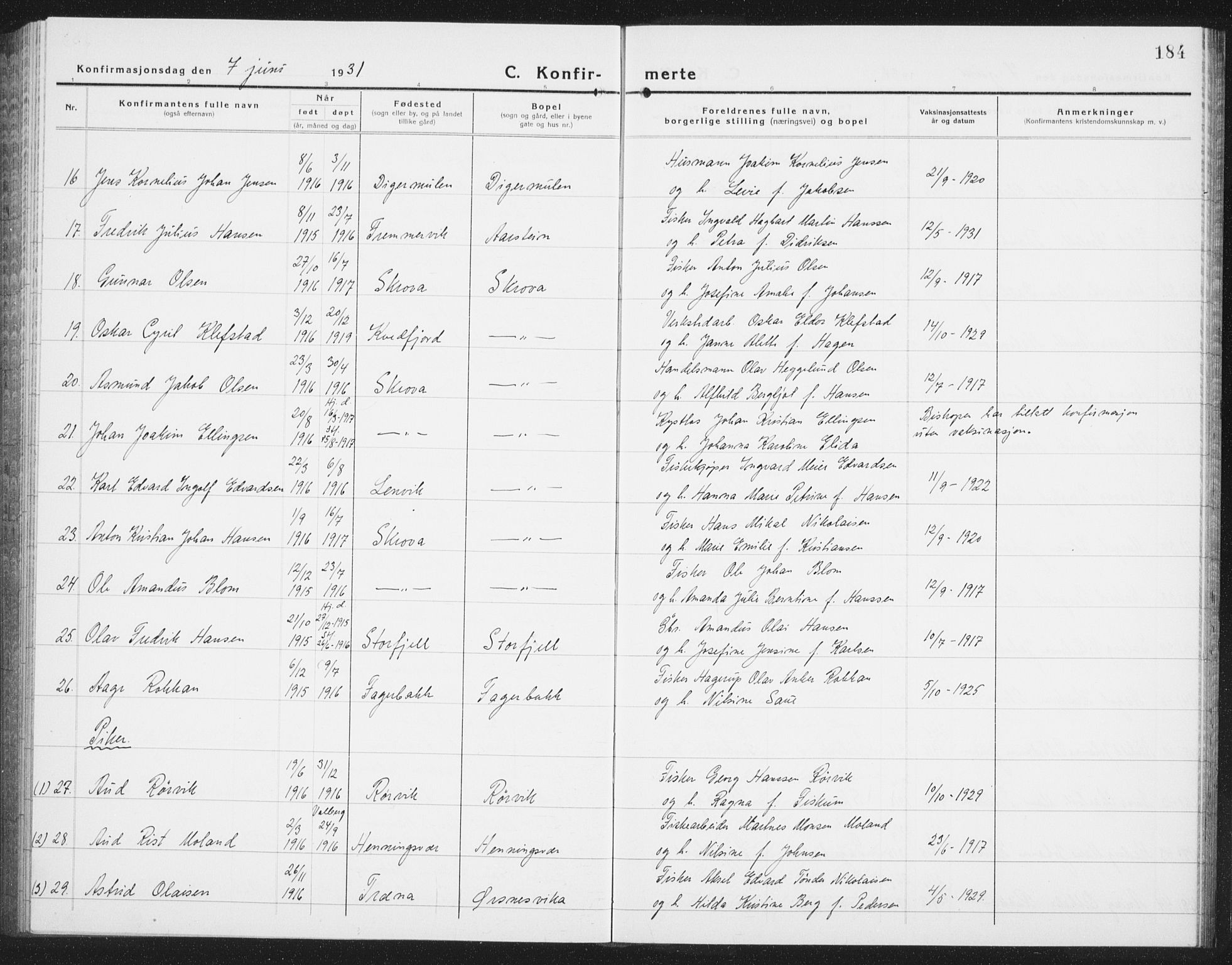 Ministerialprotokoller, klokkerbøker og fødselsregistre - Nordland, SAT/A-1459/874/L1081: Klokkerbok nr. 874C10, 1925-1941, s. 184