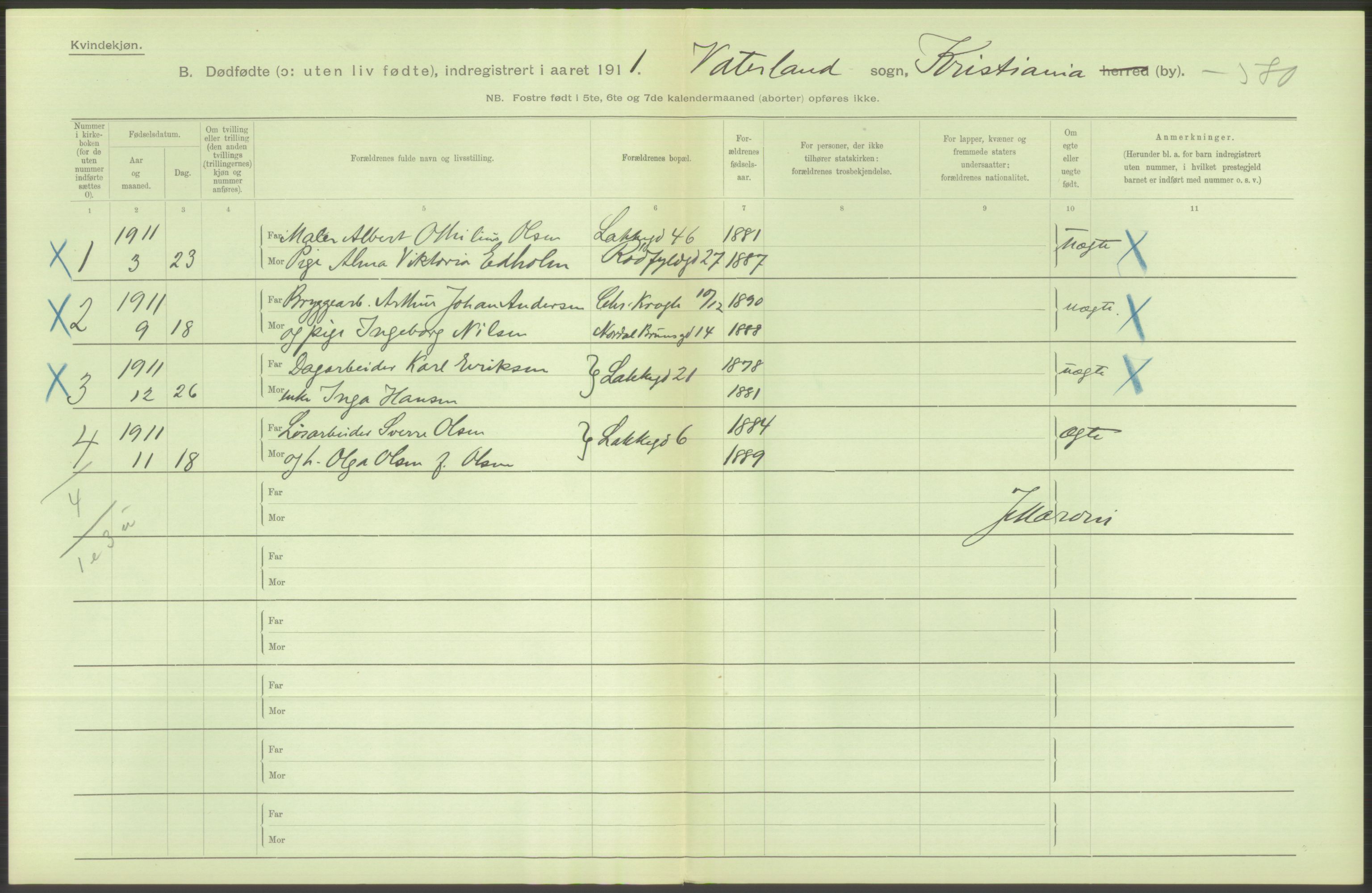 Statistisk sentralbyrå, Sosiodemografiske emner, Befolkning, AV/RA-S-2228/D/Df/Dfb/Dfba/L0010: Kristiania: Døde kvinner samt dødfødte., 1911, s. 152