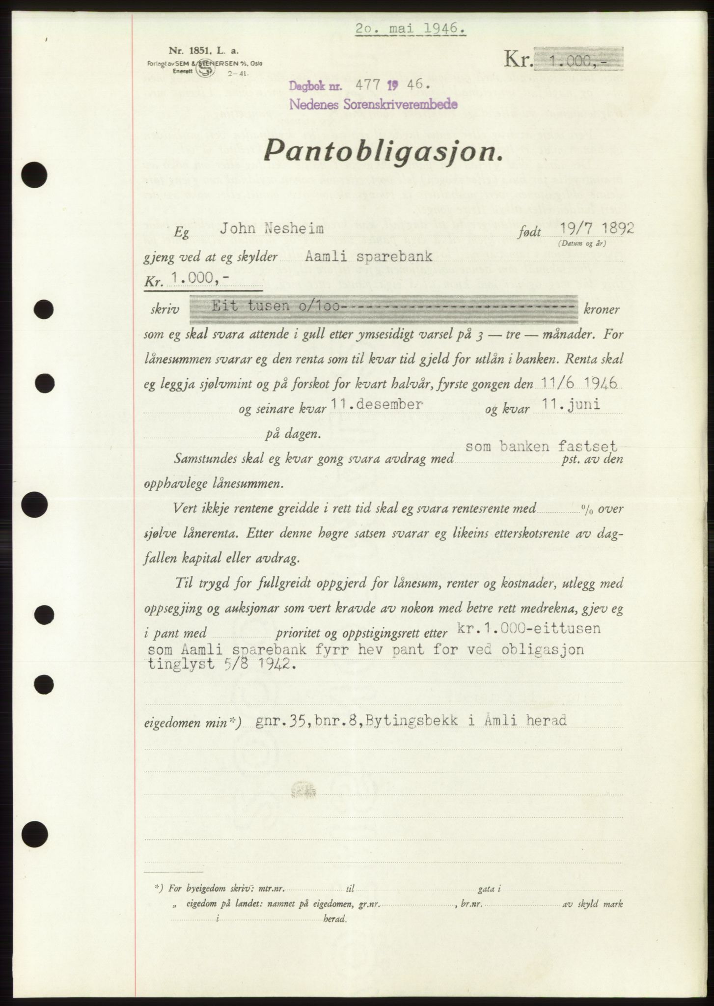 Nedenes sorenskriveri, SAK/1221-0006/G/Gb/Gbb/L0003: Pantebok nr. B3b, 1946-1946, Dagboknr: 477/1946