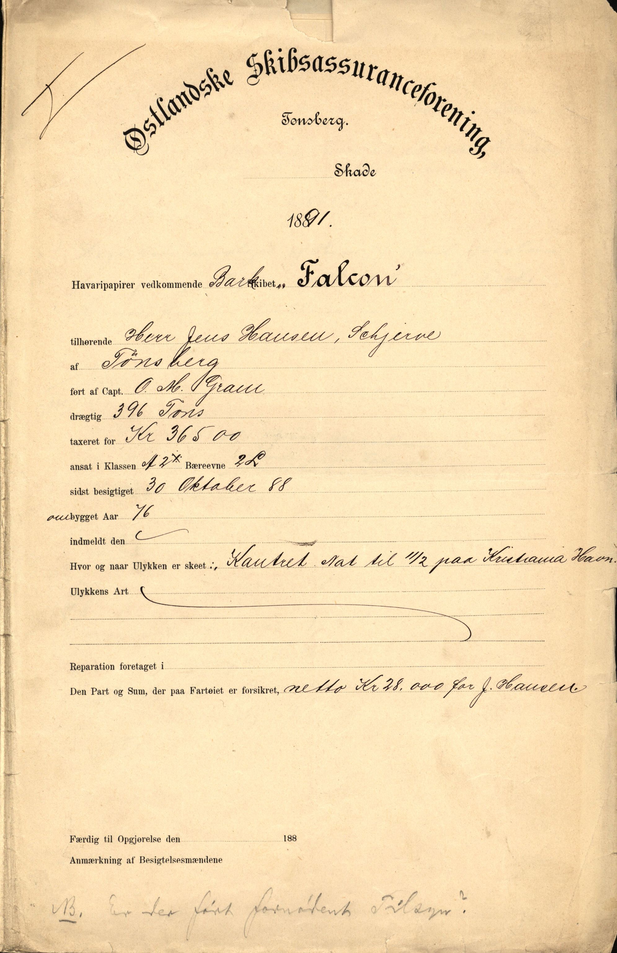 Pa 63 - Østlandske skibsassuranceforening, VEMU/A-1079/G/Ga/L0027/0011: Havaridokumenter / Louise, Lucie, Falcon, Ingeborg av Laurvig, Imperator, 1891, s. 20